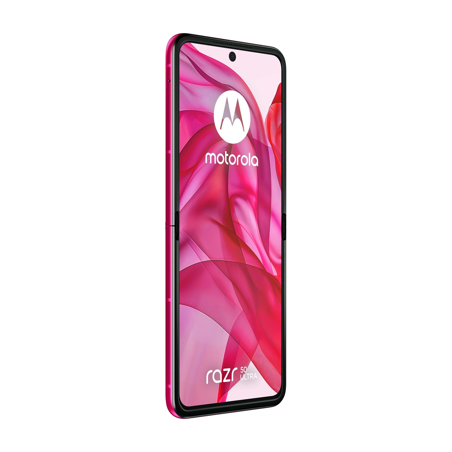 Uno smartphone Motorola Razr 50 Ultra rosa. Lo schermo mostra un design astratto rosa con il logo Motorola.