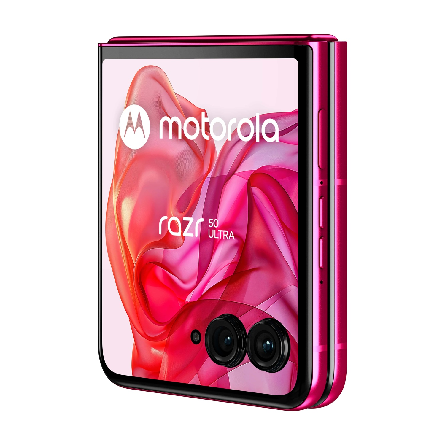 Uno smartphone Motorola Razr 50 Ultra rosa. Lo schermo mostra un design astratto rosa. Sono visibili obiettivi a doppia fotocamera.