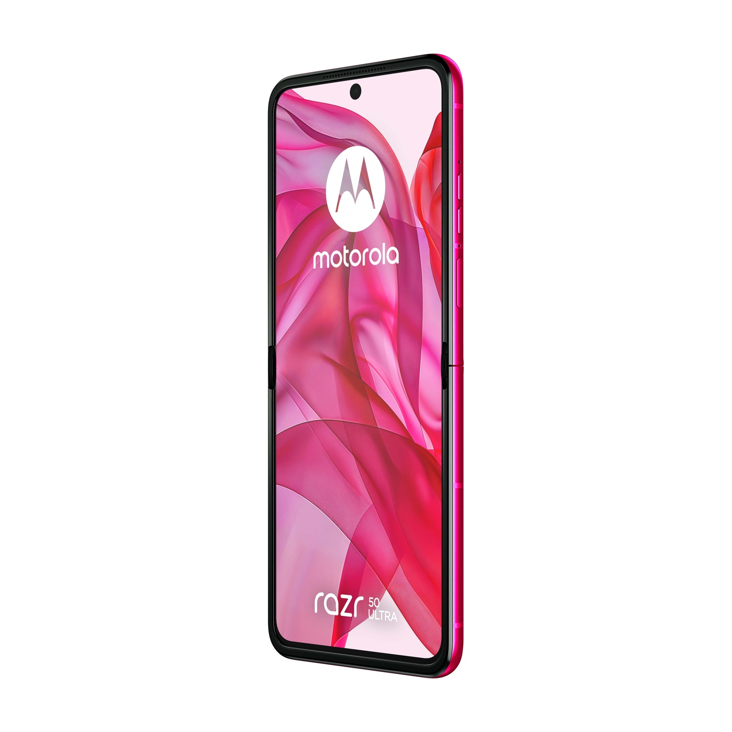 Uno smartphone Motorola Razr 50 Ultra rosa. Lo schermo mostra il logo Motorola e un design astratto rosa. Il telefono è su sfondo bianco.