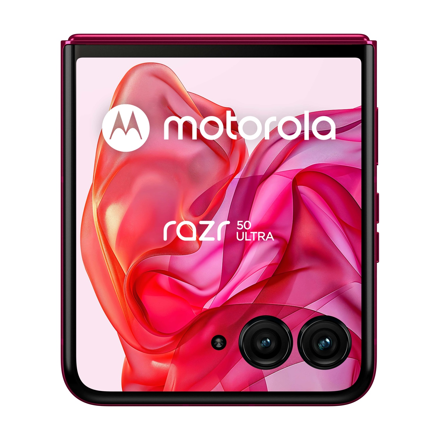 Un telefono magenta Motorola Razr 50 Ultra. Piegato, mostra lo schermo con design magenta stilizzato e lenti della fotocamera.