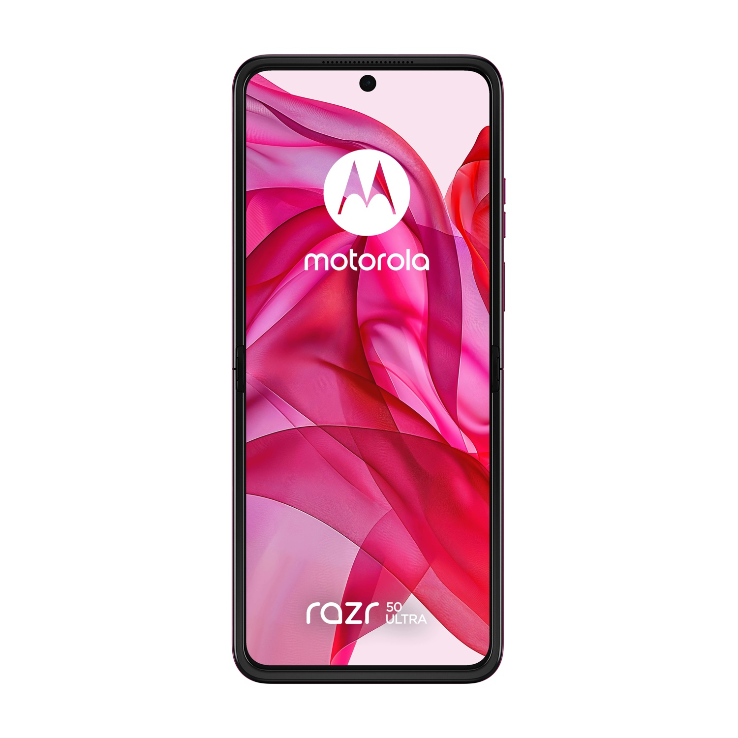 Un telefono Motorola Razr 50 Ultra. Lo schermo mostra un design astratto rosa. Il logo Motorola è in alto e Razr Ultra in basso.