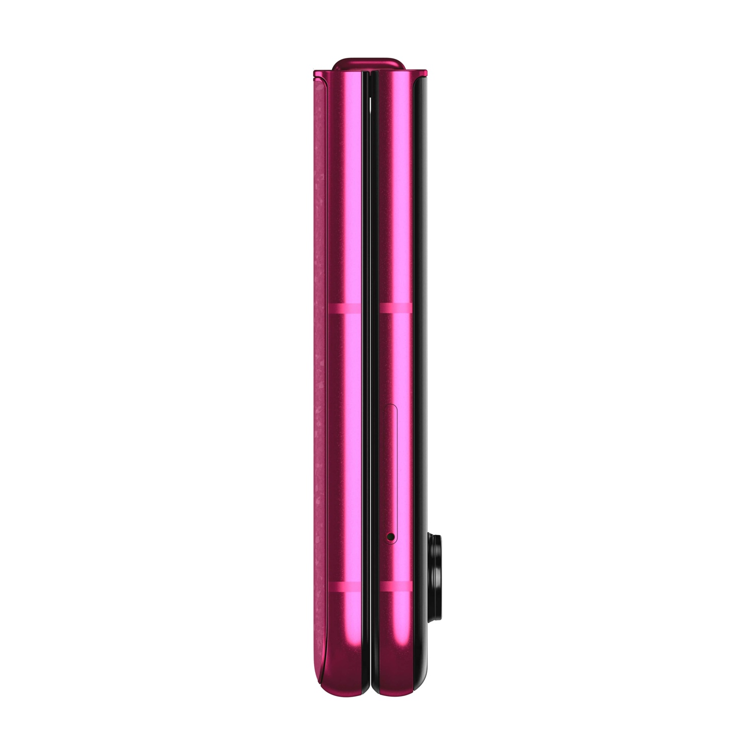 Uno smartphone pieghevole rosa chiuso, visto di lato, su sfondo bianco. Presenta un modulo fotocamera nero e una cerniera.