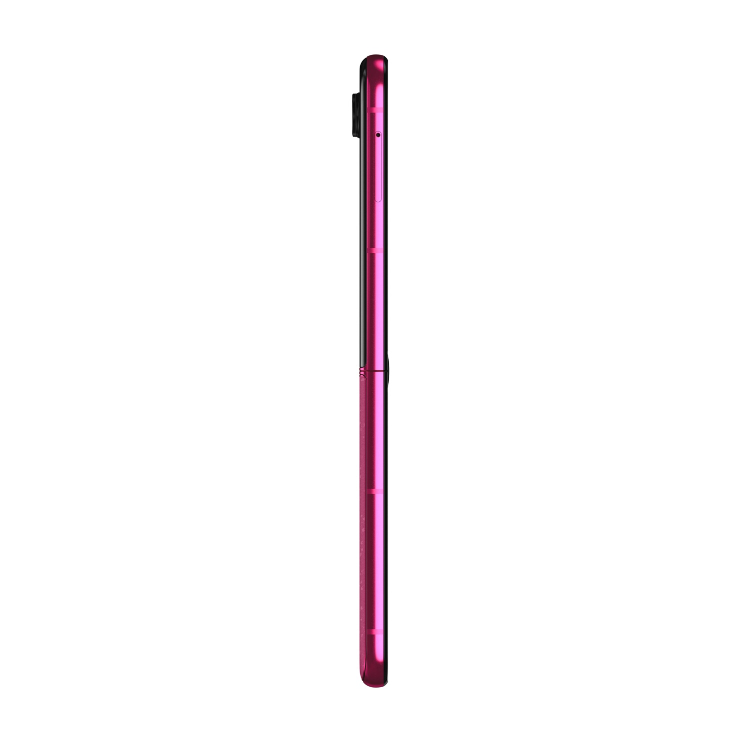 Vista laterale di uno smartphone rosa chiuso con un rialzo nero per la fotocamera e pulsanti laterali, su sfondo bianco.