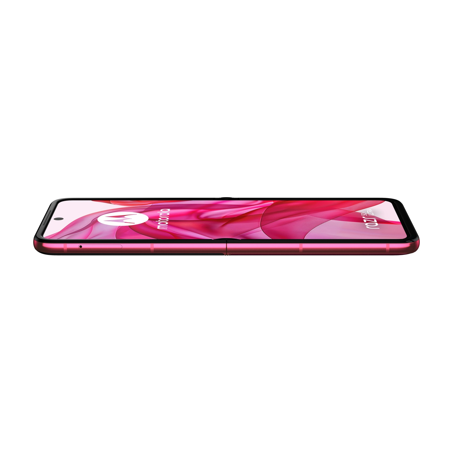 Un telefono Motorola Razr rosa, piegato, che mostra lo schermo con un design ondulato rosa e bianco e il logo Motorola.