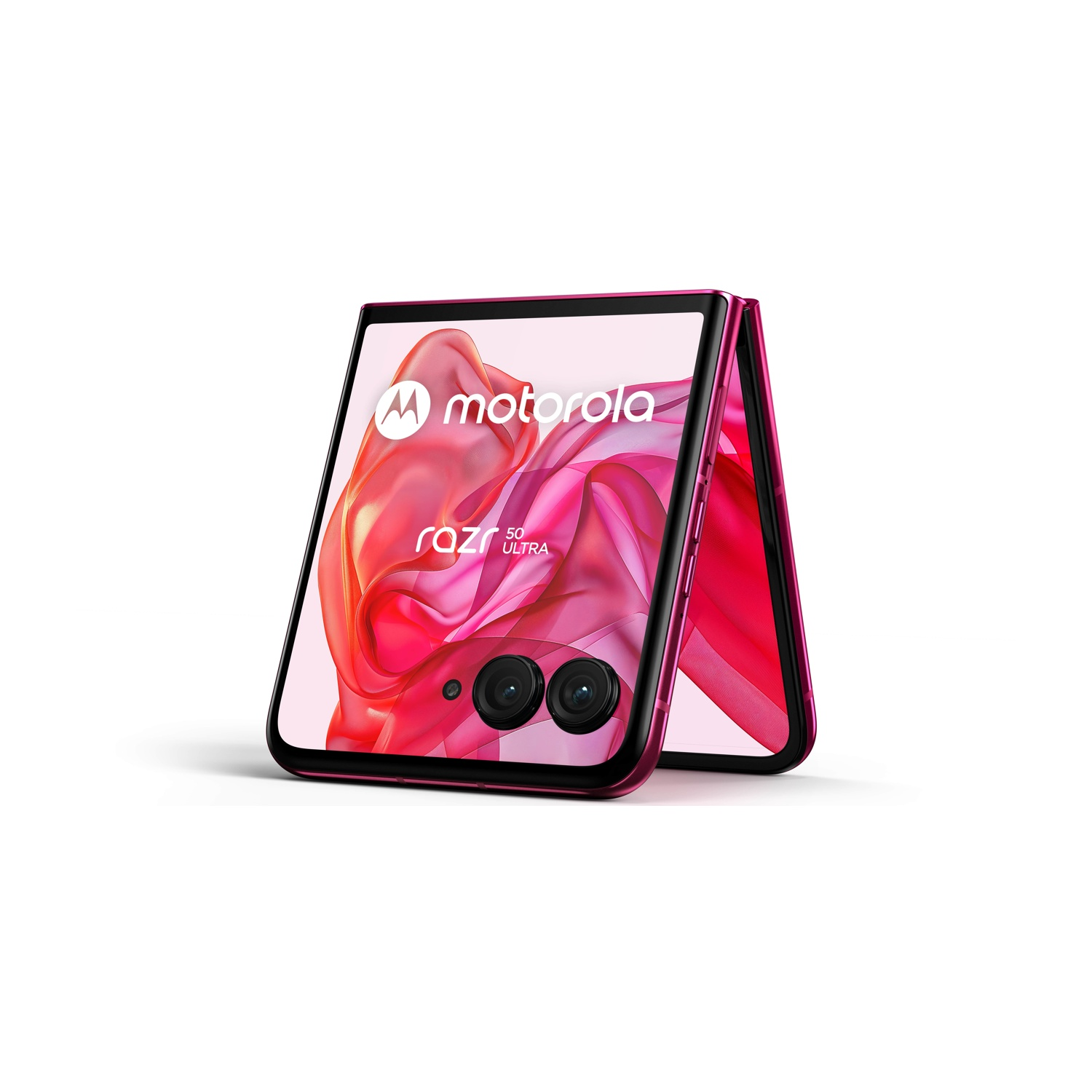 Un telefono Motorola Razr 5G Ultra rosa è parzialmente aperto, mostrando il logo Motorola e un'immagine astratta rosa. Il telefono ha due lenti.