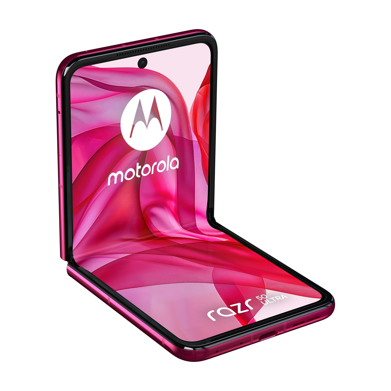 Un telefono pieghevole Motorola Razr 5G Ultra rosa. Lo schermo mostra un design astratto rosa con il logo Motorola.