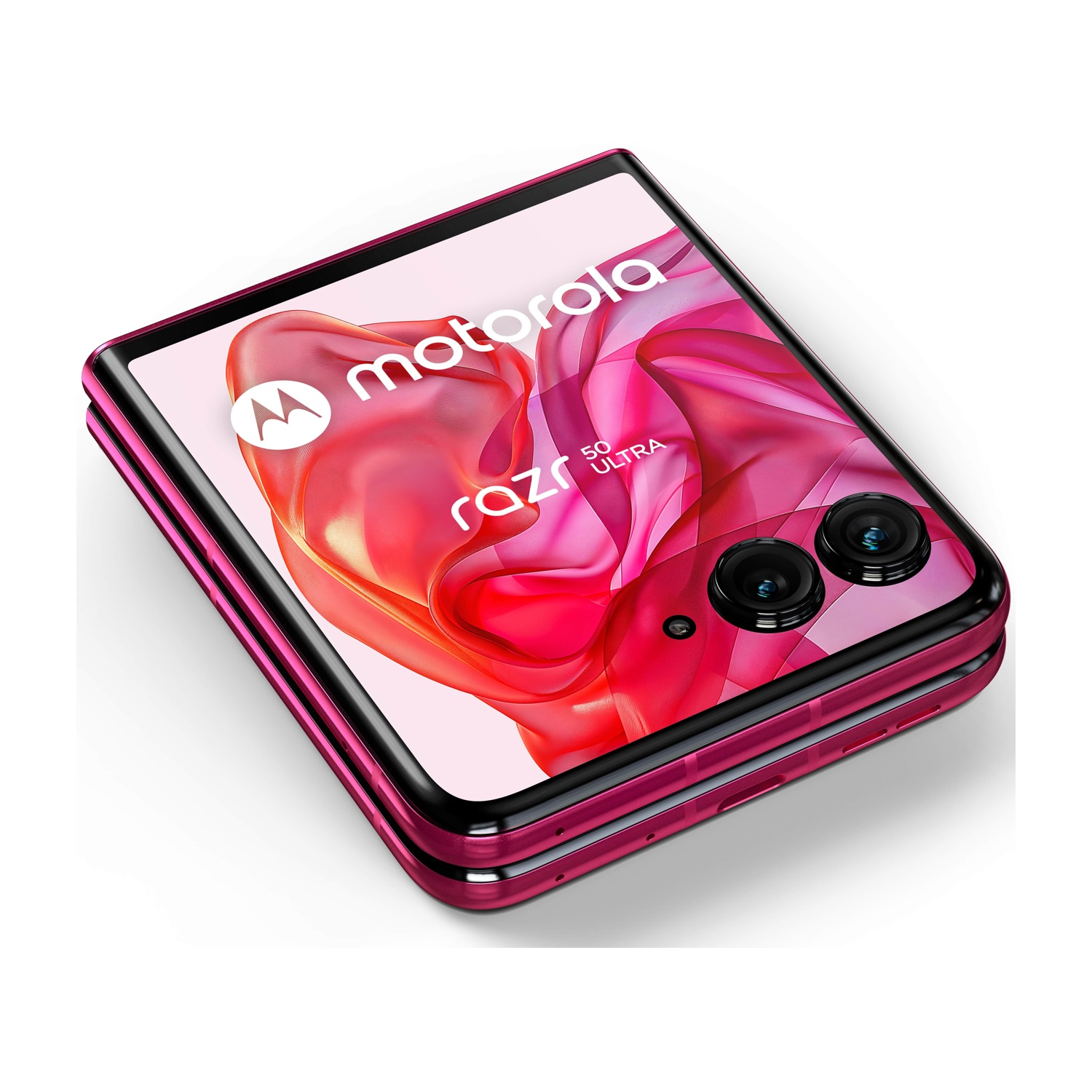 Un telefono Motorola Razr 50 Ultra rosa piegato. Lo schermo mostra un design rosa astratto. Sono visibili due fotocamere.