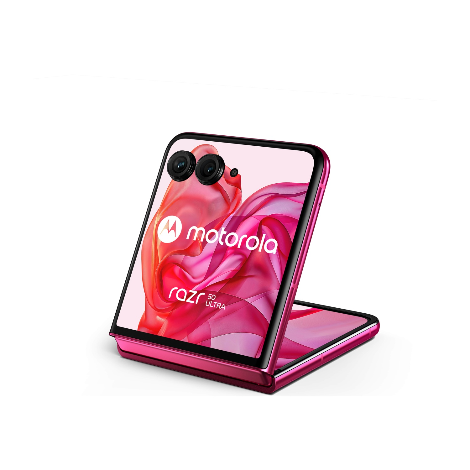 Un telefono pieghevole Motorola Razr 5G Ultra rosa, parzialmente aperto, mostra lo schermo con sfondo rosa e il logo Motorola.