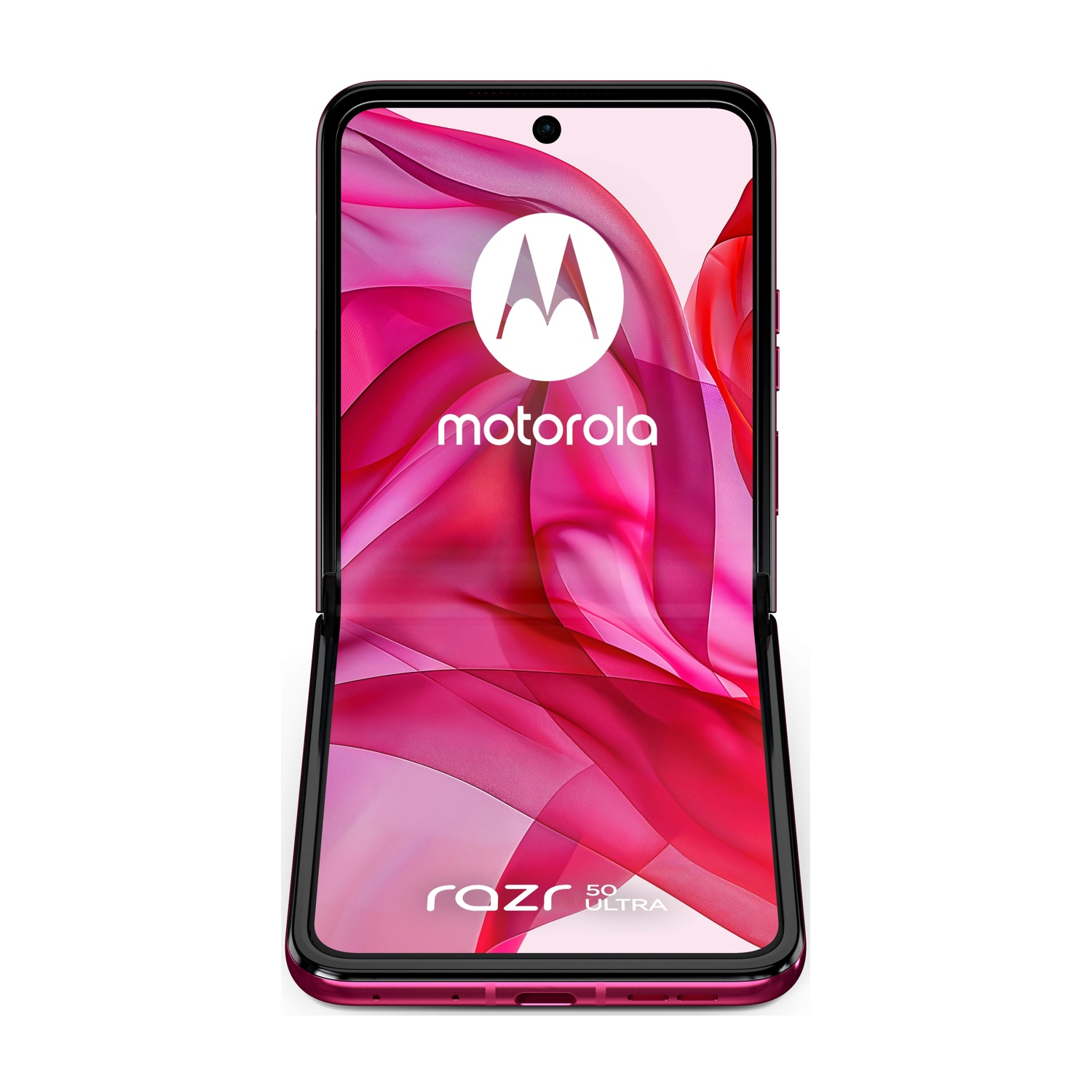 Un telefono Motorola Razr 5G Ultra rosa è aperto, mostrando il logo Motorola e uno sfondo rosa astratto, su sfondo bianco.
