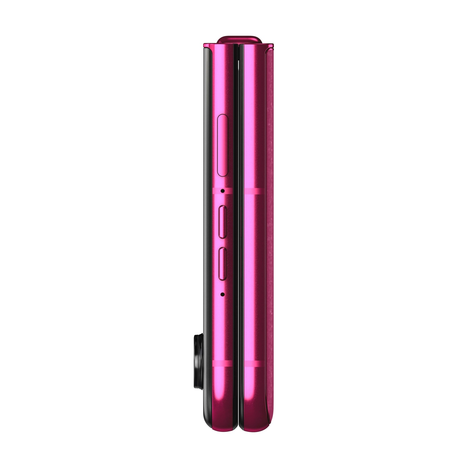 Uno smartphone magenta chiuso. Il lato con i pulsanti è visibile. È posto su uno sfondo bianco.