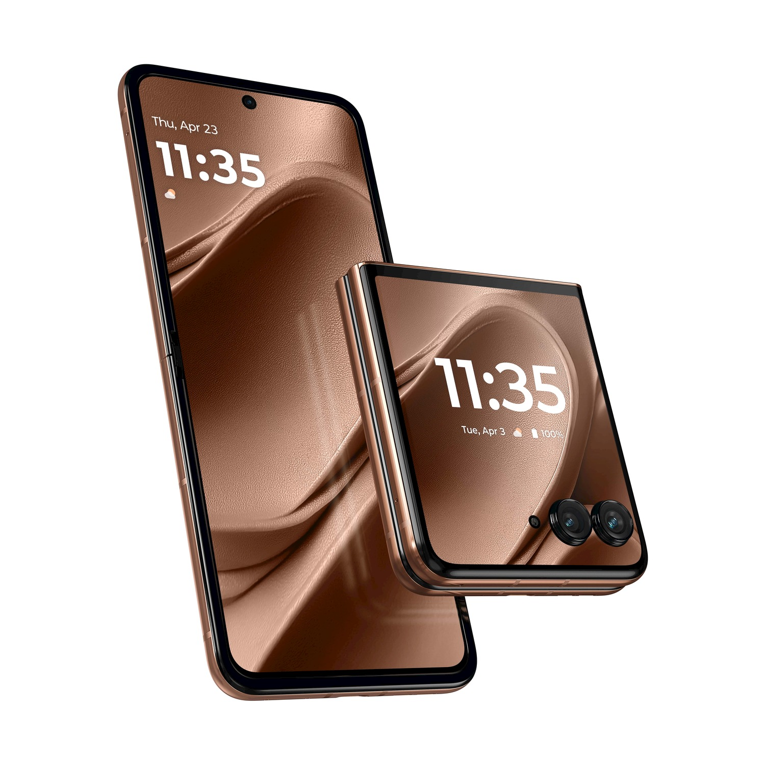 Due smartphone color bronzo. Uno è aperto, mostrando l'ora. L'altro è piegato, mostrando anche l'ora e lenti della fotocamera.