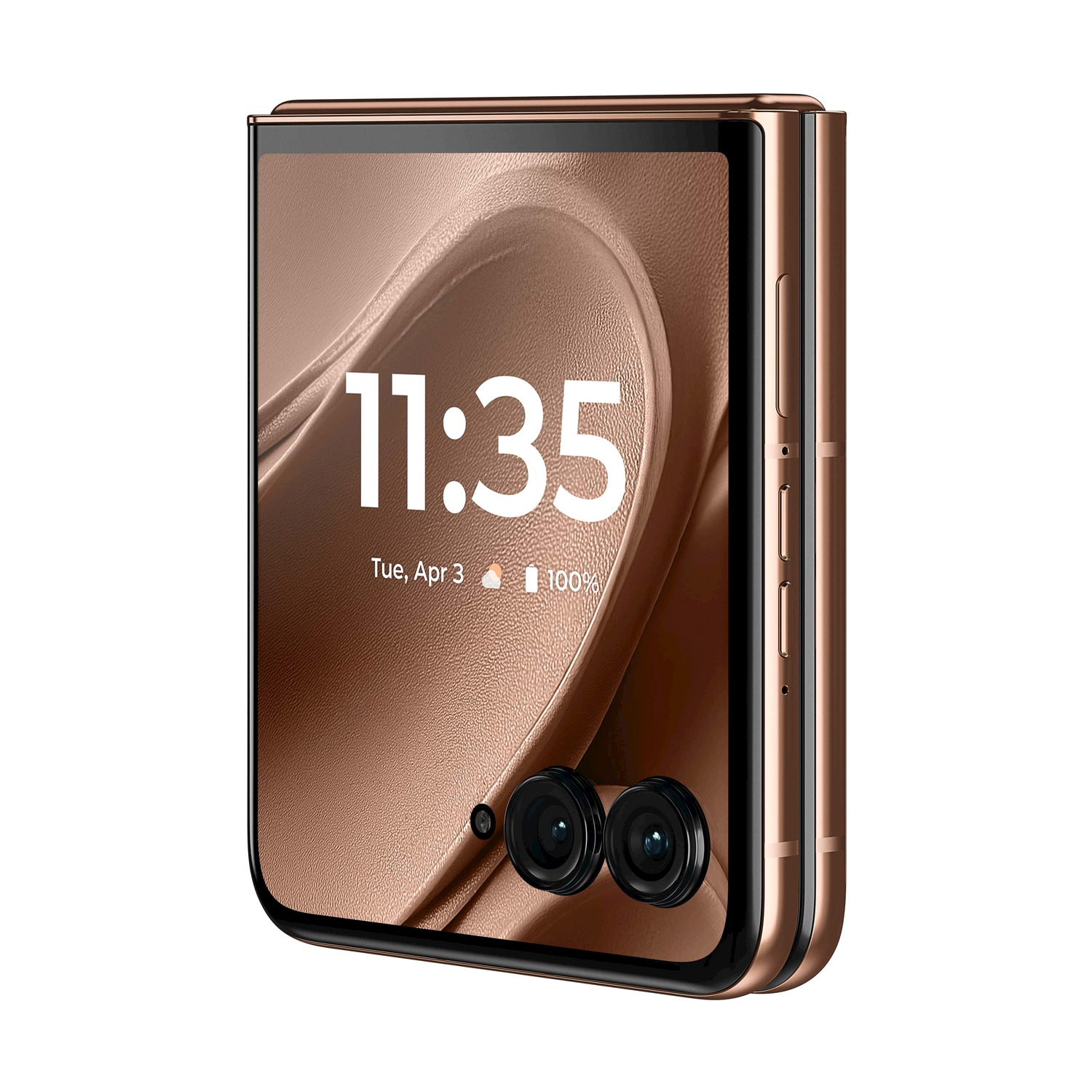 Un telefono pieghevole chiuso, color bronzo. Lo schermo mostra l'ora, la data e la percentuale della batteria. Sono visibili due obiettivi.