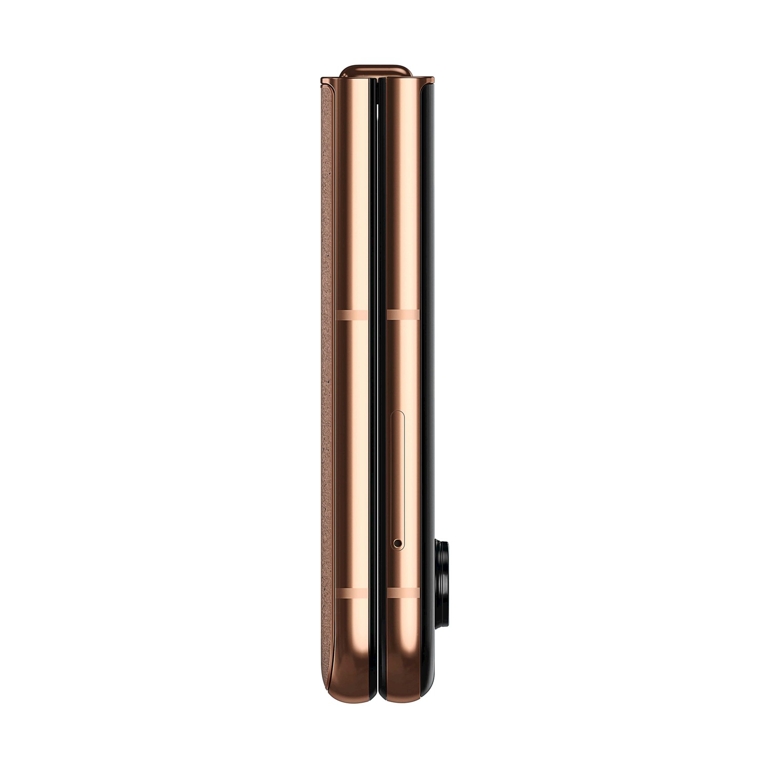 Uno smartphone chiuso color oro rosa è mostrato su sfondo bianco. Il telefono è piegato, con una fotocamera e pulsanti visibili sul lato.