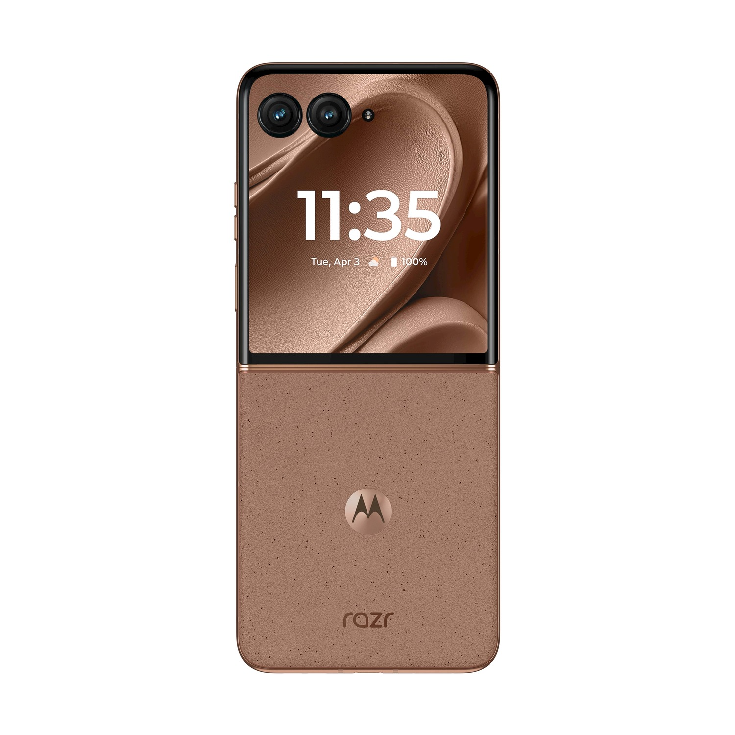 Un telefono Motorola Razr bronzo piegato mostra l'ora e la data. La metà inferiore mostra il logo Motorola e il marchio Razr.