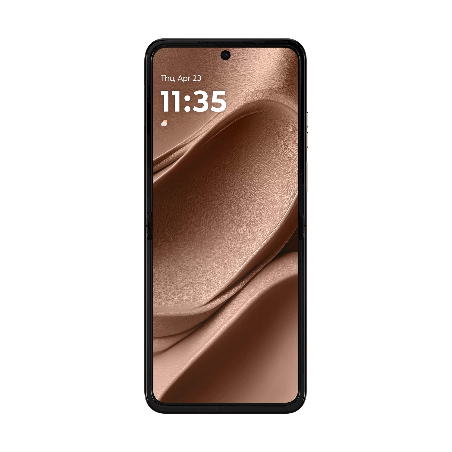 Smartphone che mostra l'ora '11:35' il 23 aprile. Lo schermo mostra un motivo marrone ondulato.