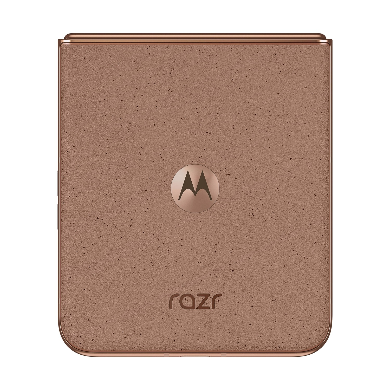 Un telefono Motorola Razr chiuso, color oro rosa. Ha un retro marrone strutturato con il logo Motorola e il marchio Razr.