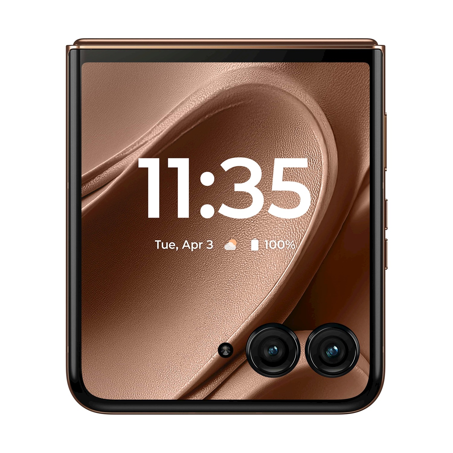 Telefono pieghevole con orario 11:35, data e batteria. Il telefono è marrone con cornice nera e due lenti della fotocamera.