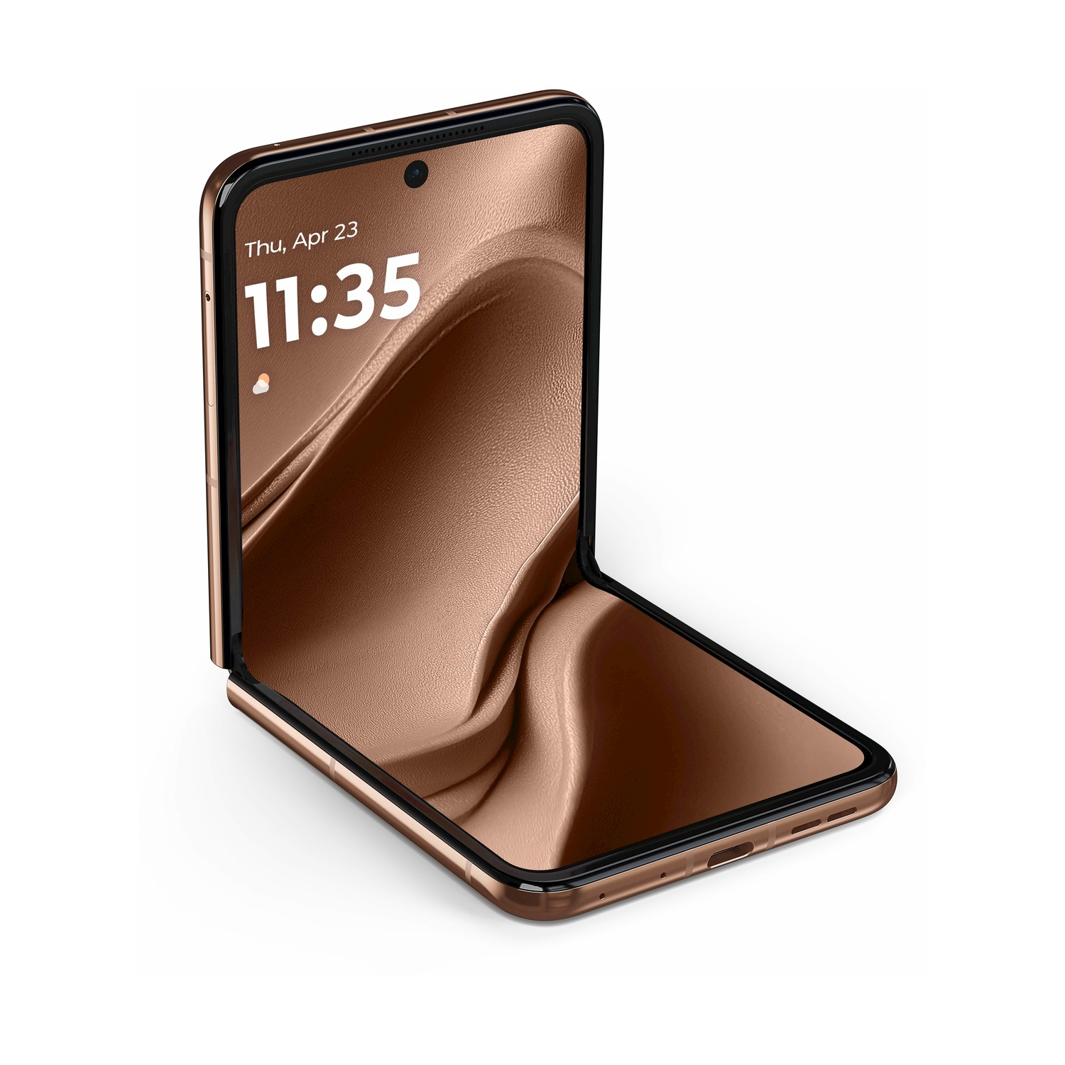 Uno smartphone pieghevole color bronzo parzialmente aperto mostra l'ora: gio 23 apr, 11:35. Lo schermo è strutturato.