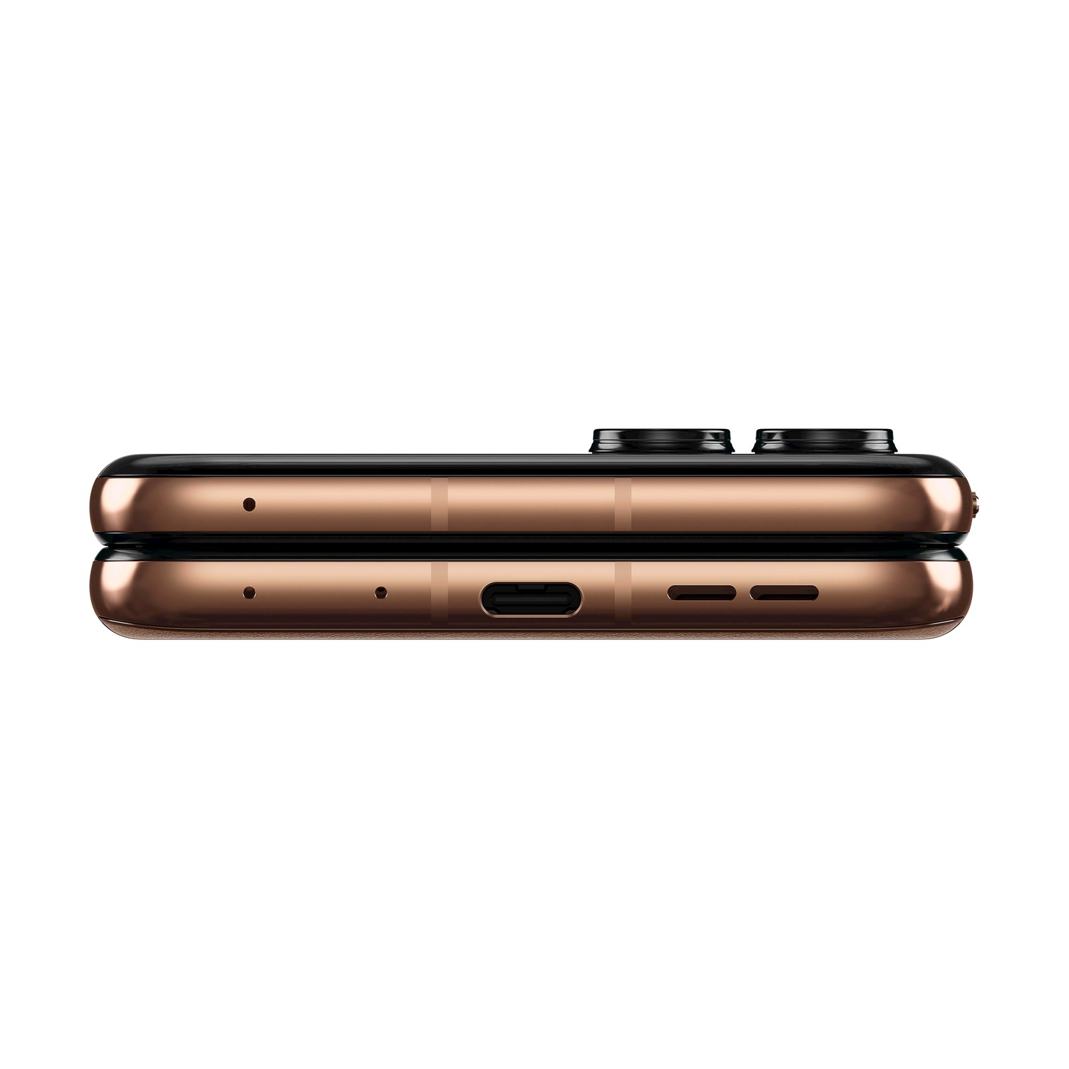 Smartphone bronzo piegato, vista laterale. Include porta di ricarica, altoparlanti e lenti della fotocamera. Dettagli neri in alto.