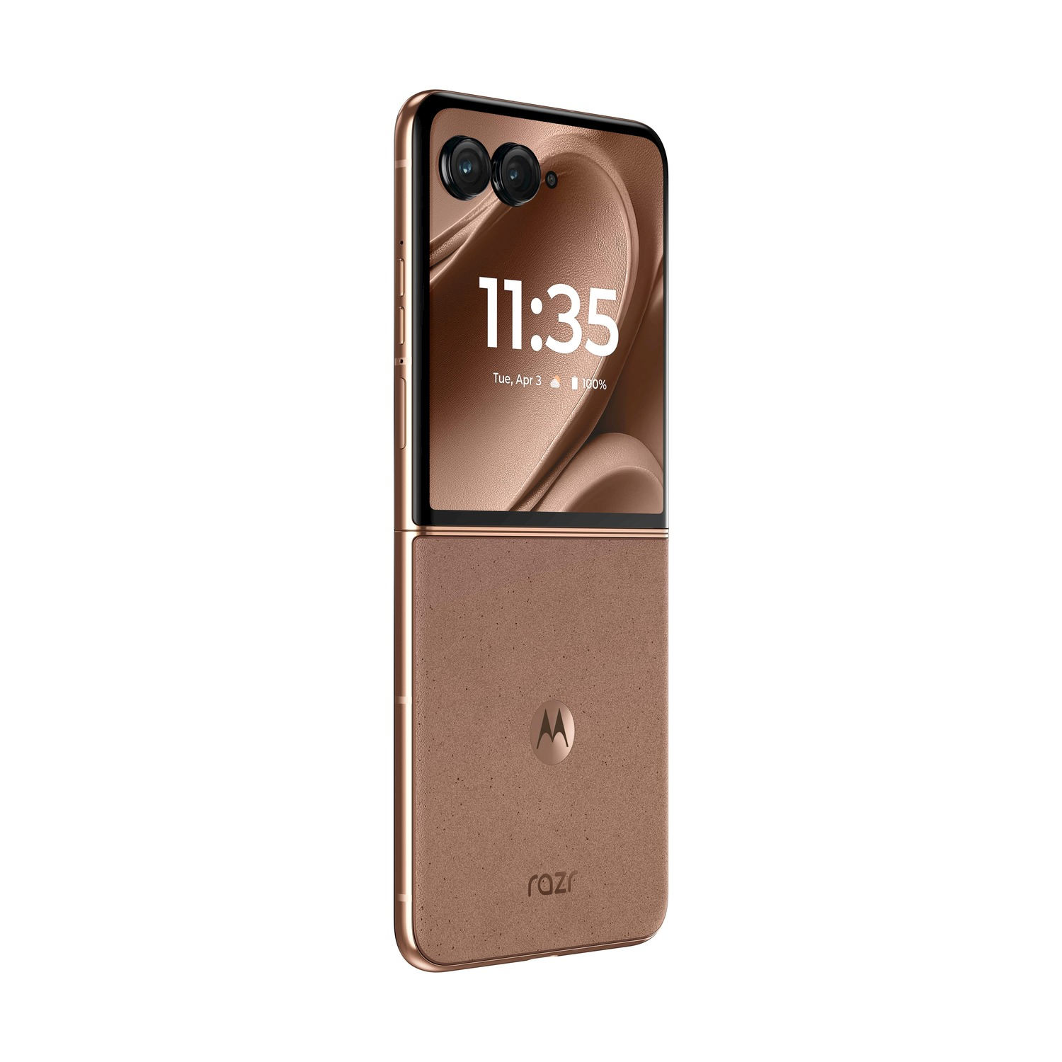 Un telefono flip Motorola Razr oro rosa è in mostra, che mostra l'ora 11:35 sullo schermo. Il telefono è parzialmente aperto.