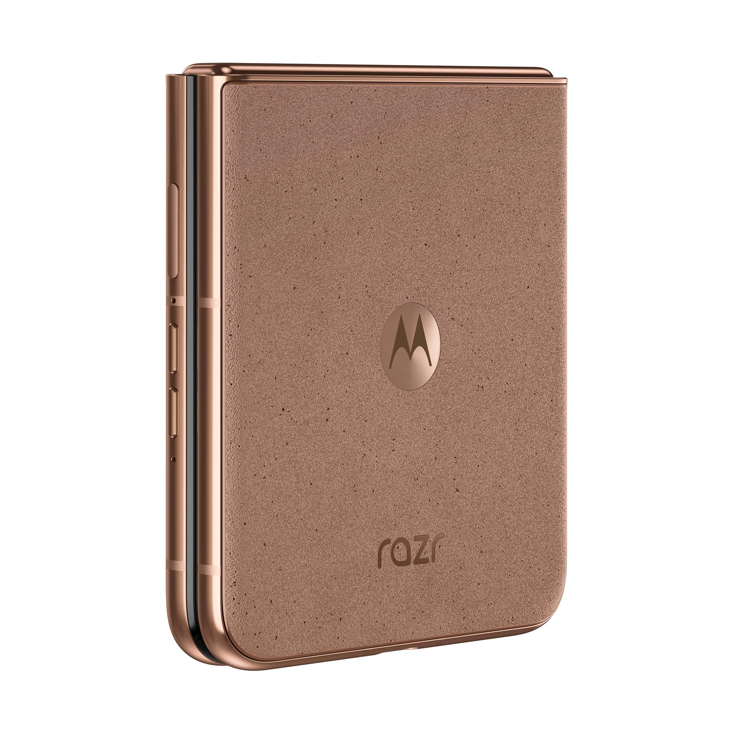 Un telefono pieghevole Motorola Razr oro rosa. Il telefono è chiuso, mostrando un retro strutturato con il logo Motorola e la parola 'razr'.