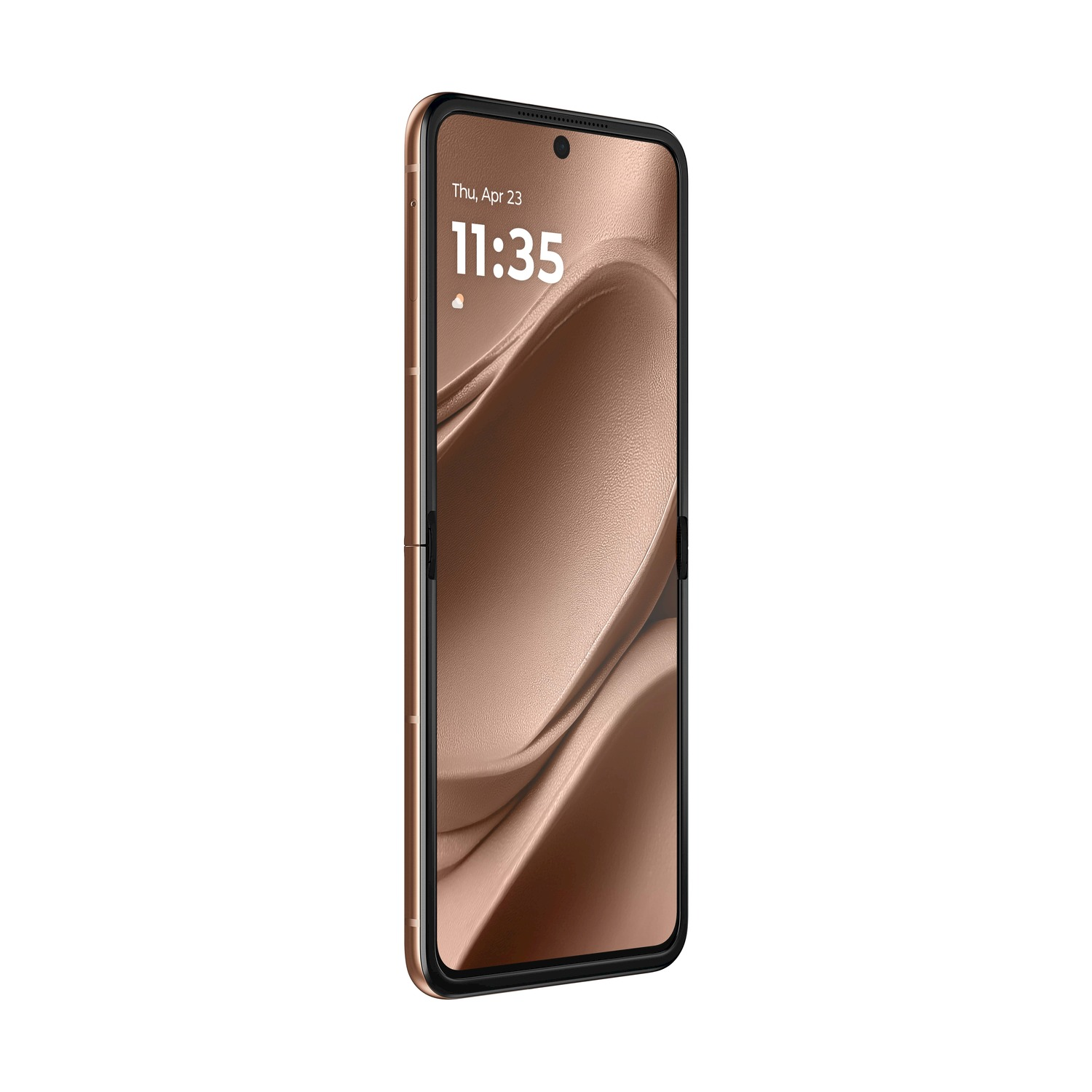 Uno smartphone dorato mostra le 11:35. Lo schermo presenta un motivo marrone testurizzato e il telefono è su sfondo bianco.