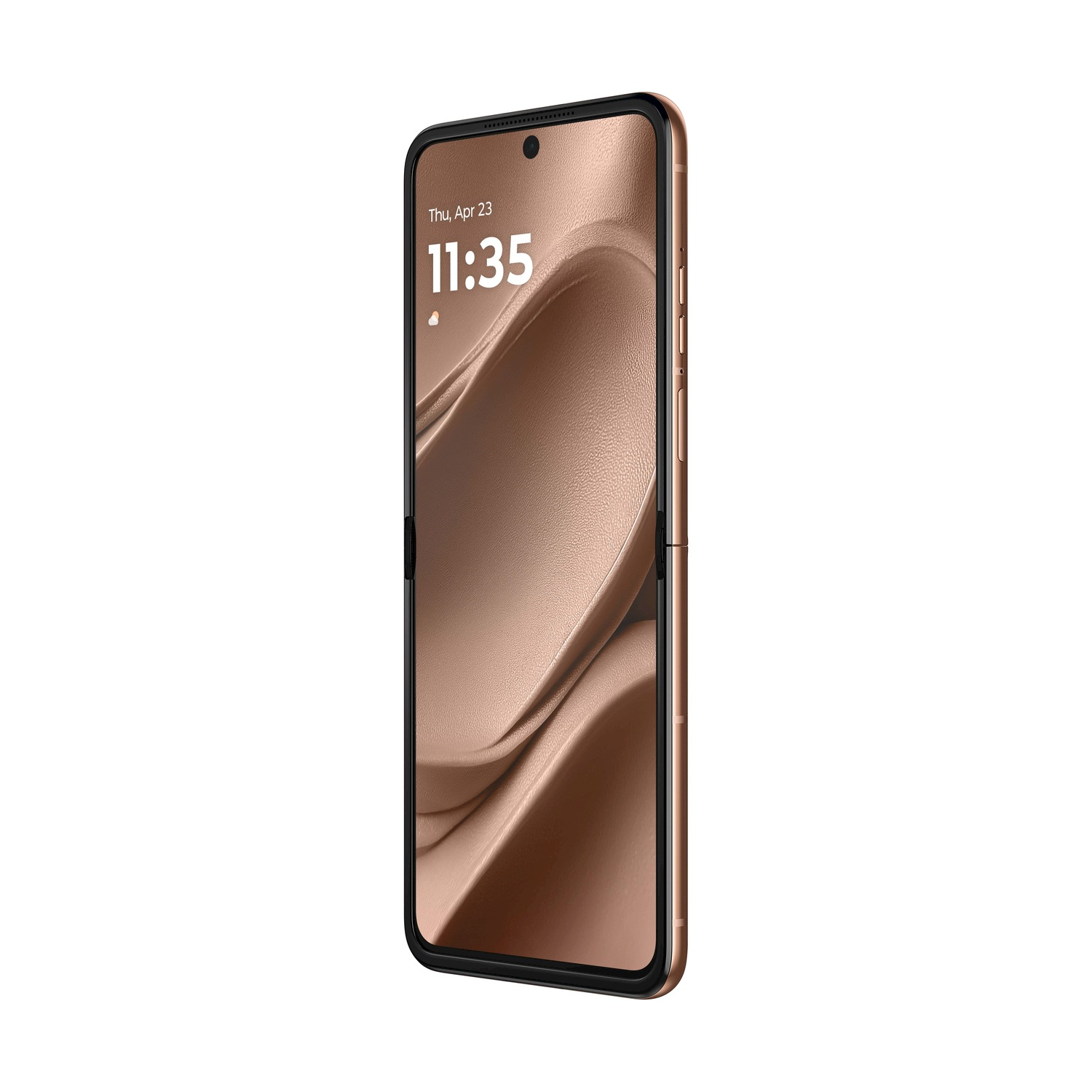 Uno smartphone oro rosa è leggermente aperto, mostrando l'ora, la data e un interno strutturato. È su sfondo bianco.