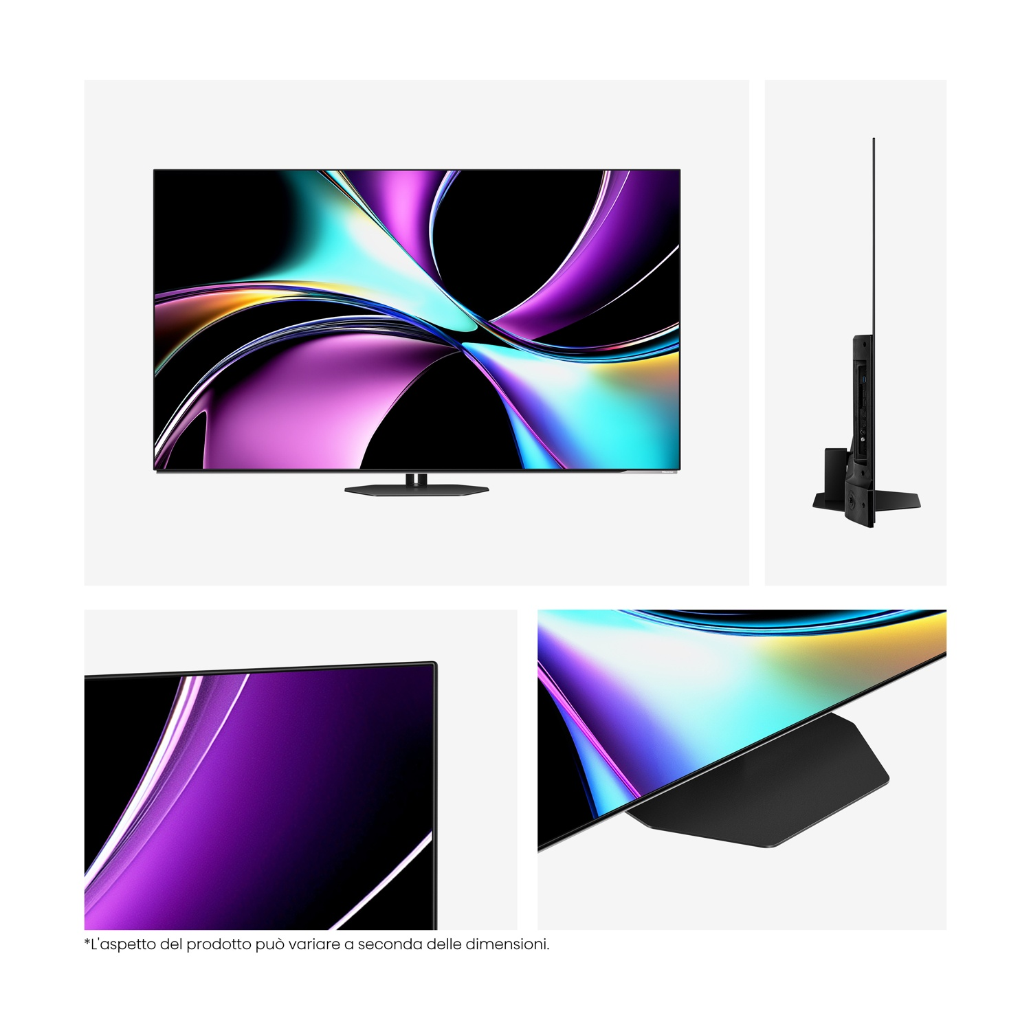 Una moderna TV con cornice nera, che mostra un design astratto viola e blu. Il televisore è mostrato da più angolazioni.