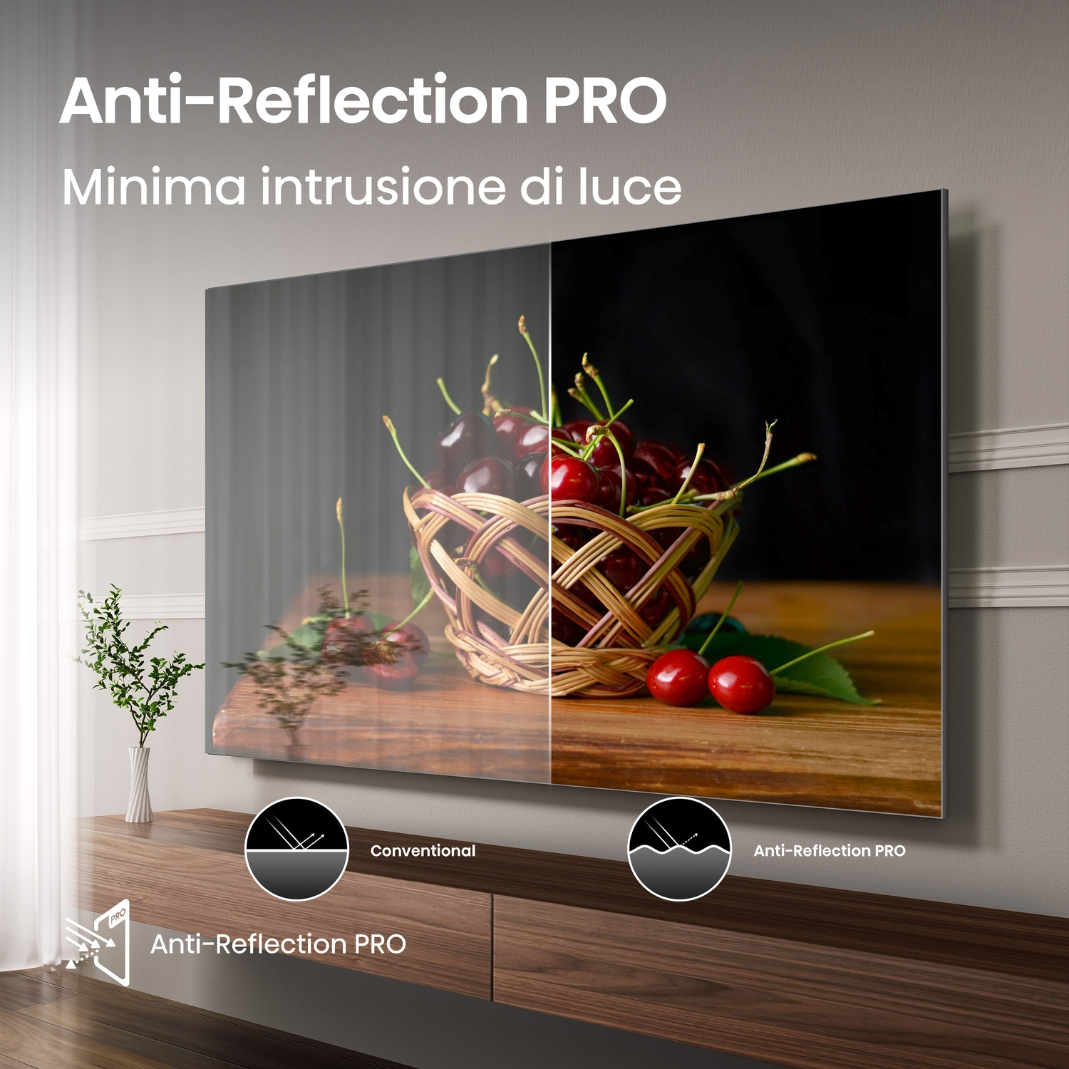 Schermo TV con ciliegie in un cestino, che dimostra l'antiriflesso. Il testo evidenzia l'antiriflesso PRO. Un vaso con pianta è a sinistra.