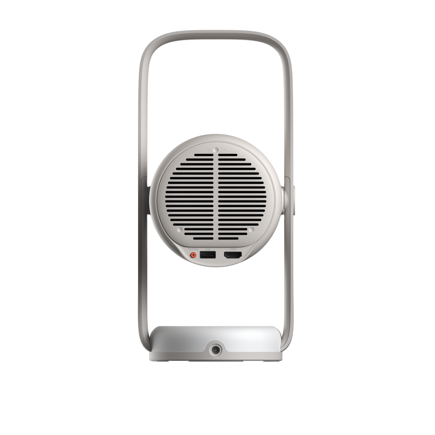 Un haut-parleur blanc et circulaire avec une poignée. Il possède des fentes horizontales, des ports d'alimentation et USB, et un port DC. Fond noir.