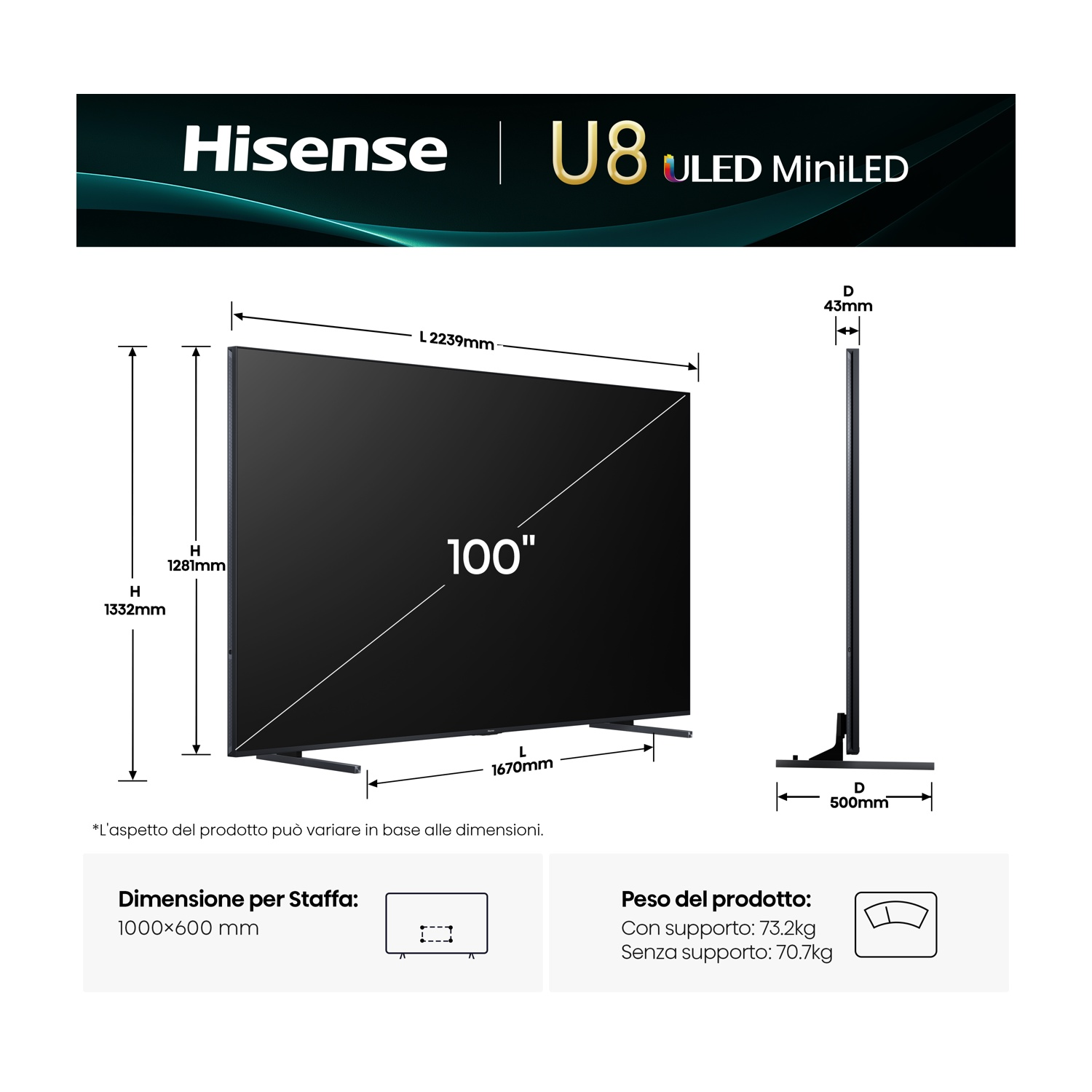TV Hisense U8 ULED MiniLED. Dimensioni e peso visualizzati, inclusa la dimensione dello schermo da 100 pollici.
