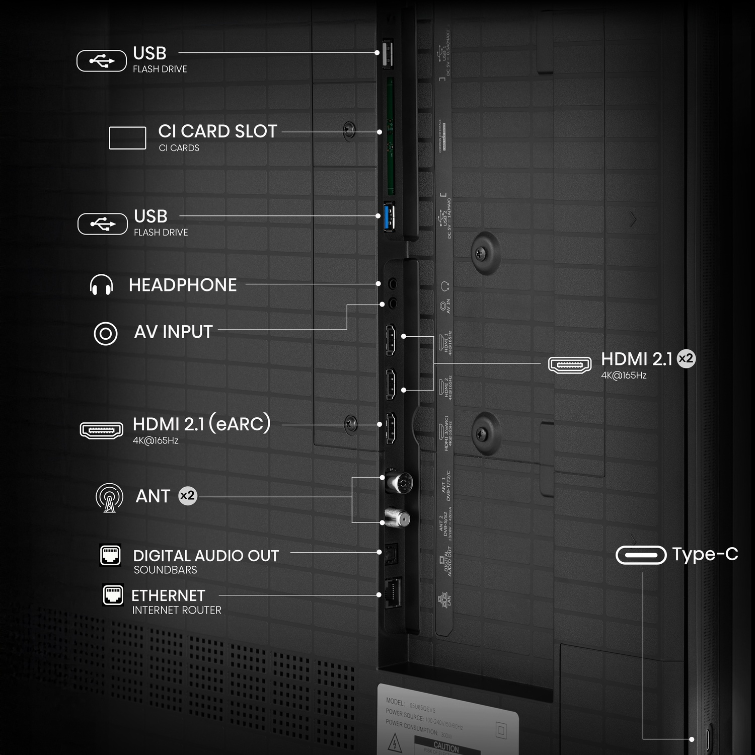 Pannello posteriore TV con porte USB, HDMI, Ethernet e jack per cuffie. Sfondo nero e grigio.