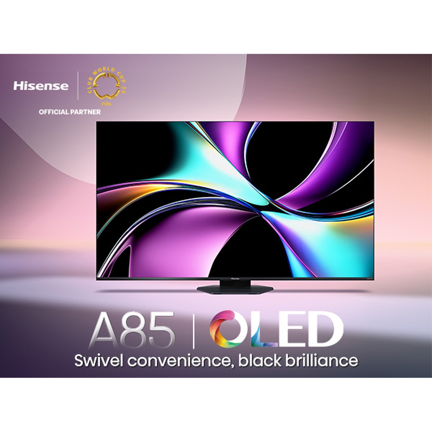 Una TV OLED mostra un design astratto colorato. Il marchio, Hisense, è visibile. Il testo dice A85 OLED, con 'Swivel convenience, black brilliance'.