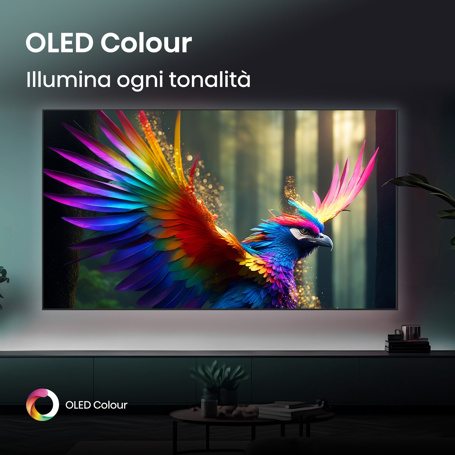 Una TV mostra un uccello colorato in una foresta. La TV è su un mobile. La scena ha un aspetto moderno.