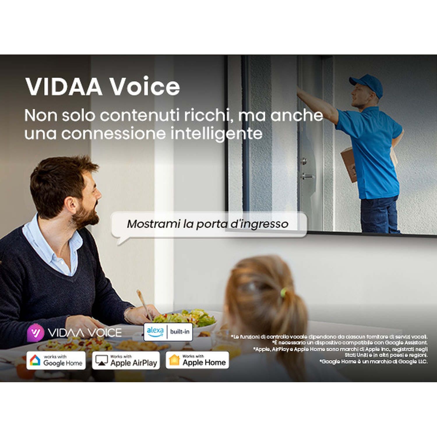 Un uomo è a tavola, guarda uno schermo che mostra un fattorino. Il testo dice 'VIDAA Voice' e 'Mostrami la porta d'ingresso'.