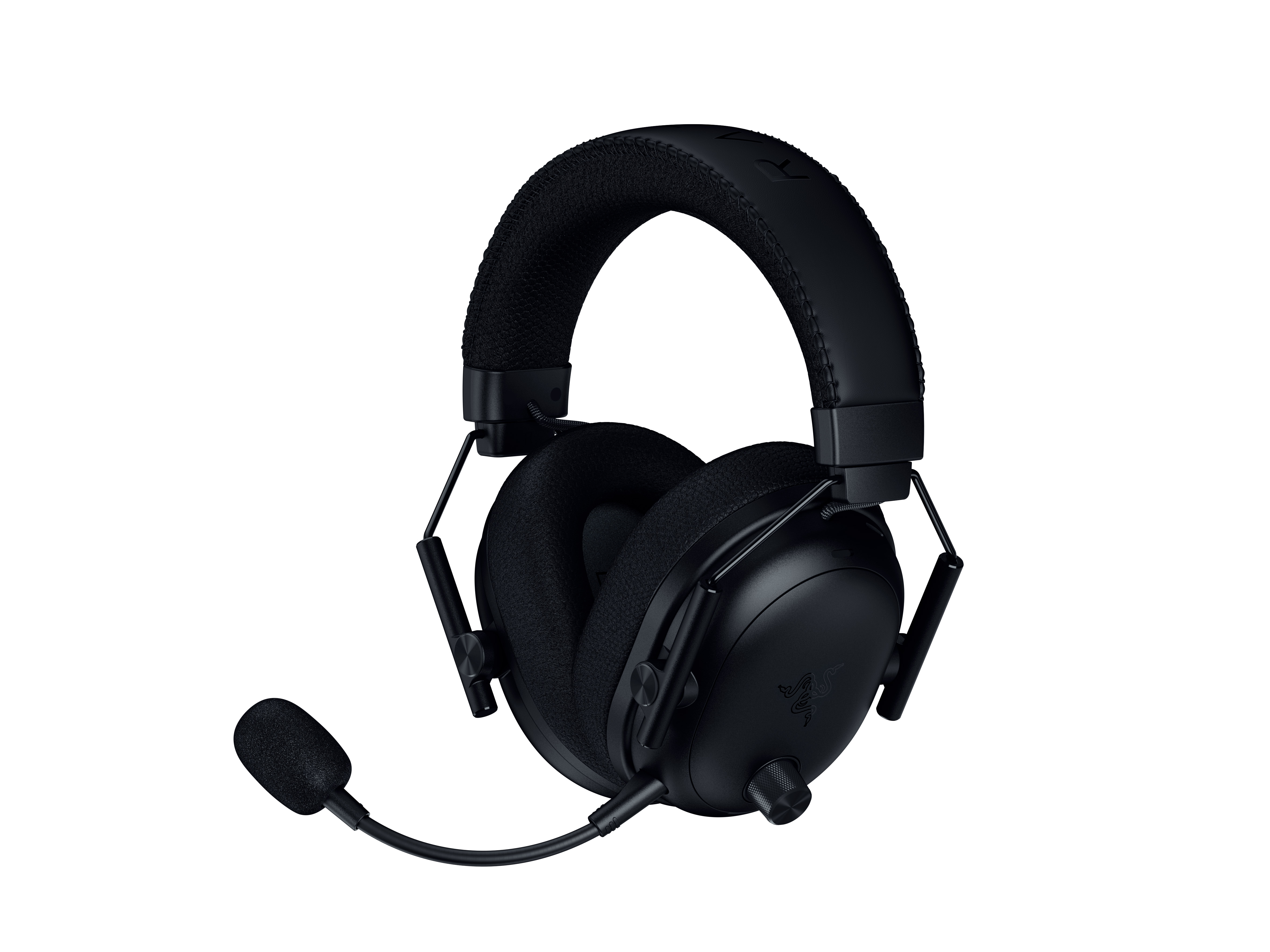 Beyaz zemin üzerinde siyah Razer oyun kulaklığı. Mikrofonu ve kulaklıkları vardır. Razer logosu görünür.