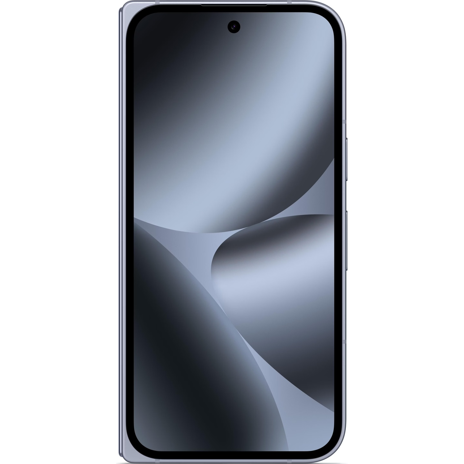 Un smartphone avec un écran affichant un design abstrait gris. Le téléphone est argenté avec des coins arrondis et une caméra en haut.