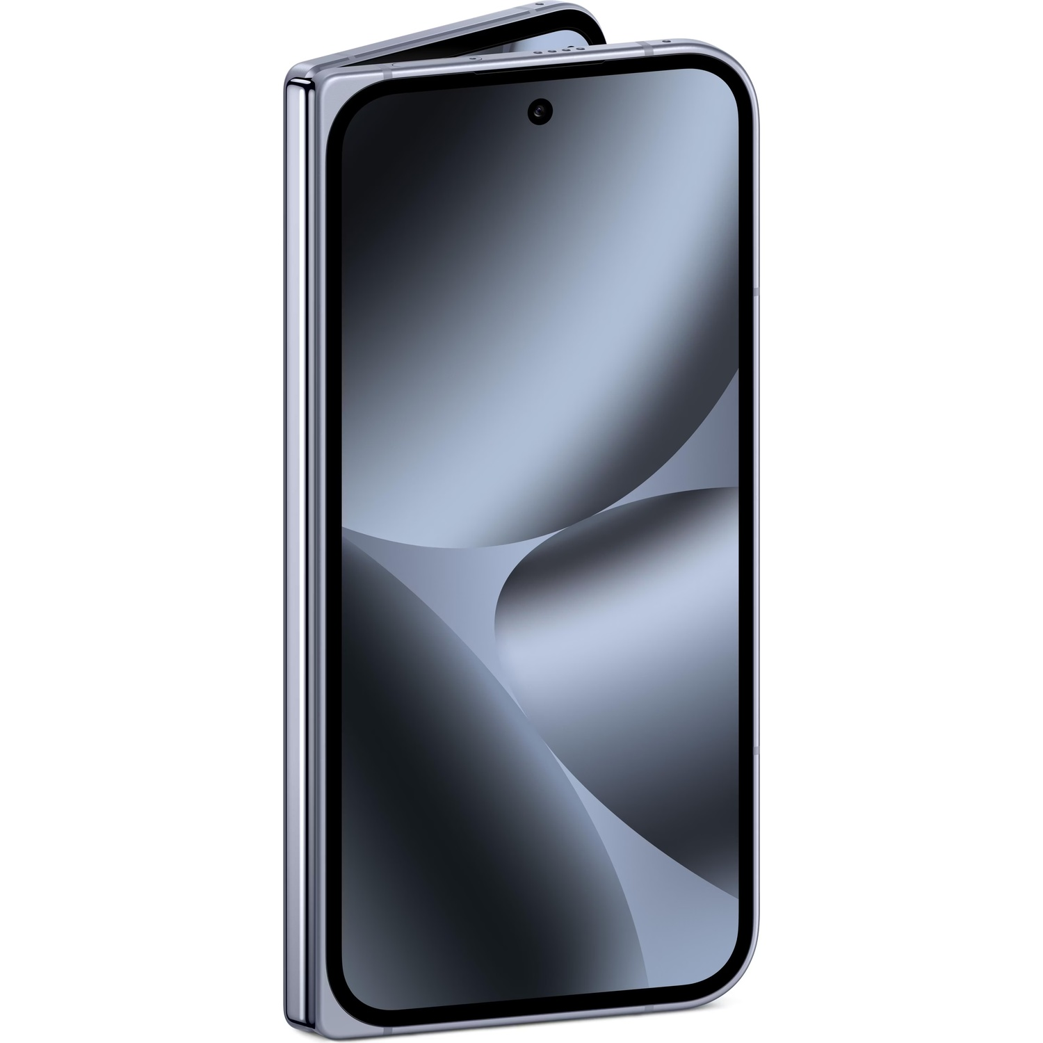 Un smartphone pliable argenté est légèrement ouvert, révélant un écran sombre avec un motif tourbillonnant. Le fond est blanc.