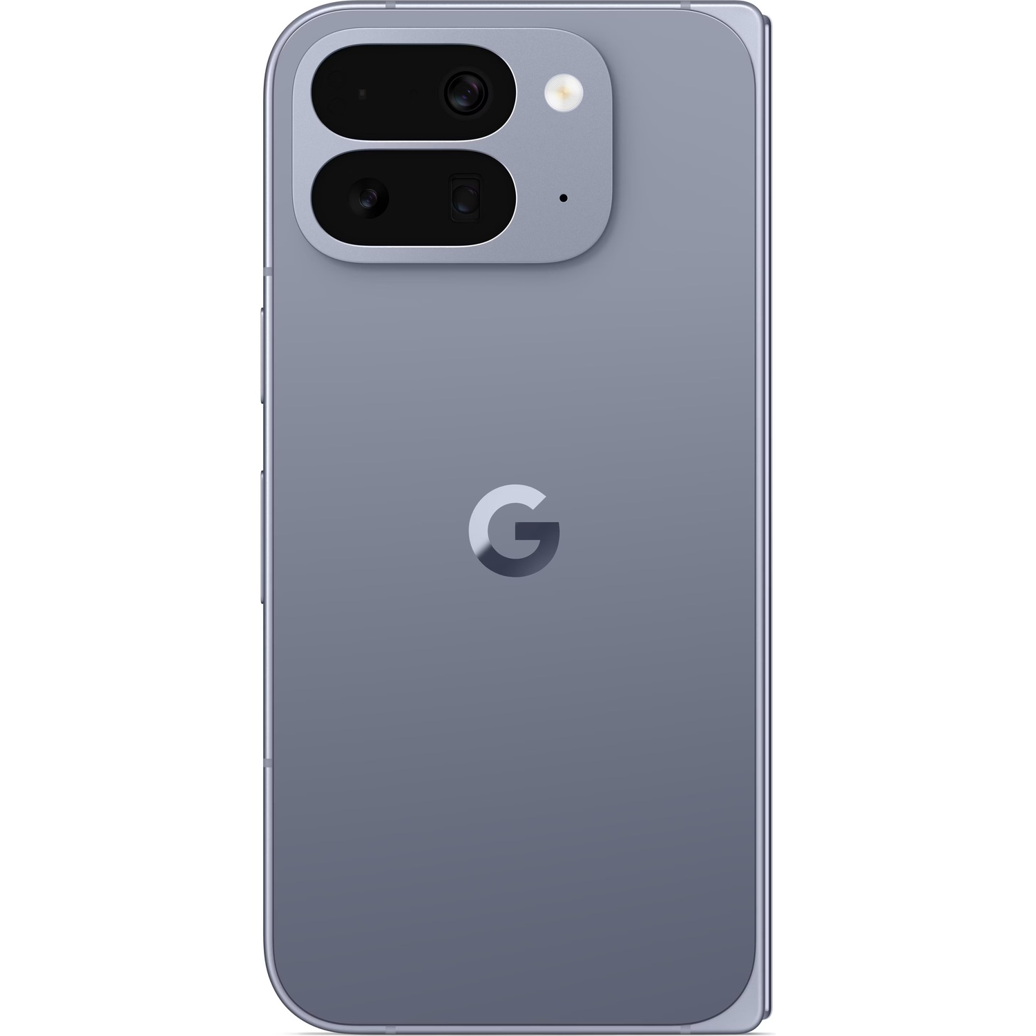 Un smartphone gris avec un module caméra, flash et logo Google. Le téléphone a des bords arrondis et un cadre métallique.