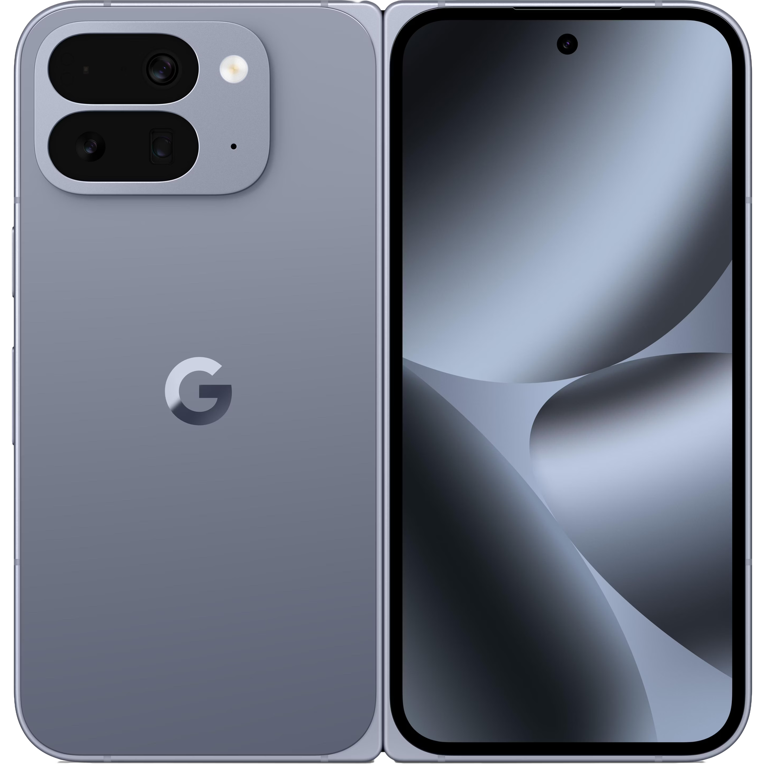 Een grijze opvouwbare telefoon, links gesloten en rechts open. Het heeft een Google-logo en meerdere camera's.