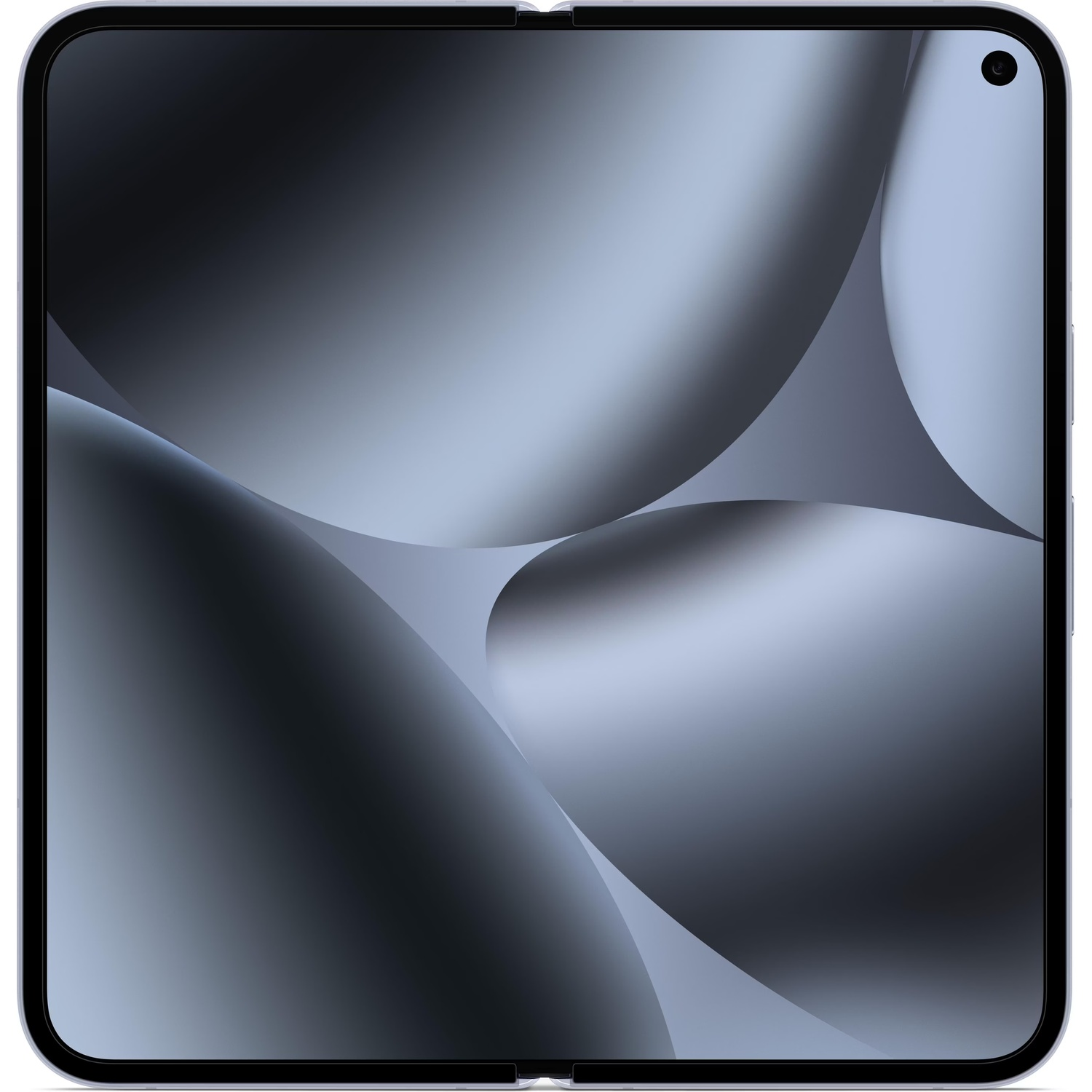 Een smartphonescherm toont een zacht, abstract ontwerp met overlappende, gebogen grijze vormen op een lichtgrijze achtergrond.