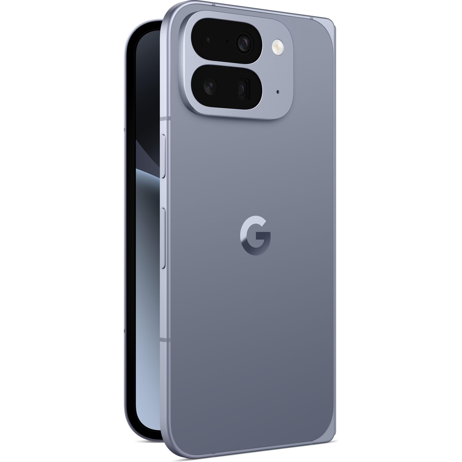 Een lichtgrijze smartphone met een zwart scherm. Het heeft een dubbele camera en een 'G' logo. De telefoon staat een beetje open.