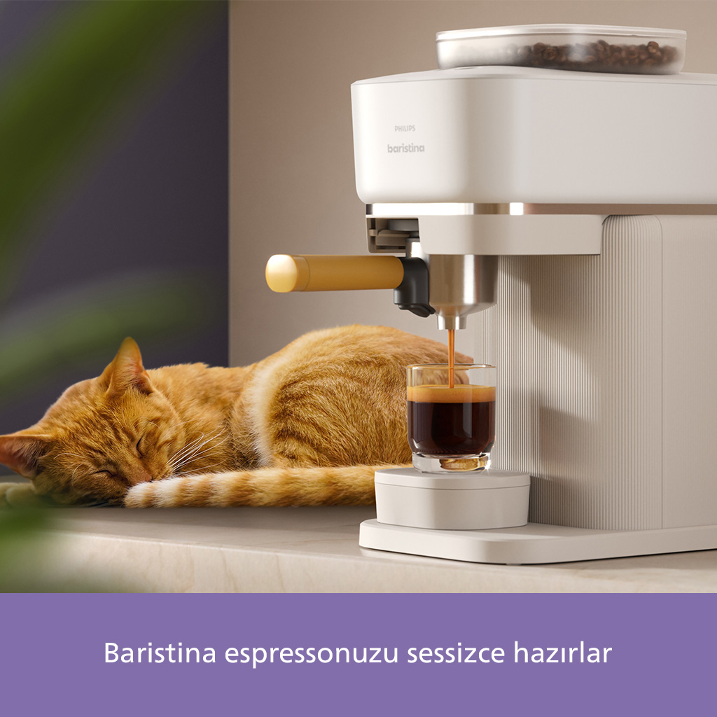 Uyuyan turuncu bir kedi, kahve makinesinin yanında yatıyor. Kahve bir bardağa dökülüyor. Makinede 'Philips Baristina' yazıyor.