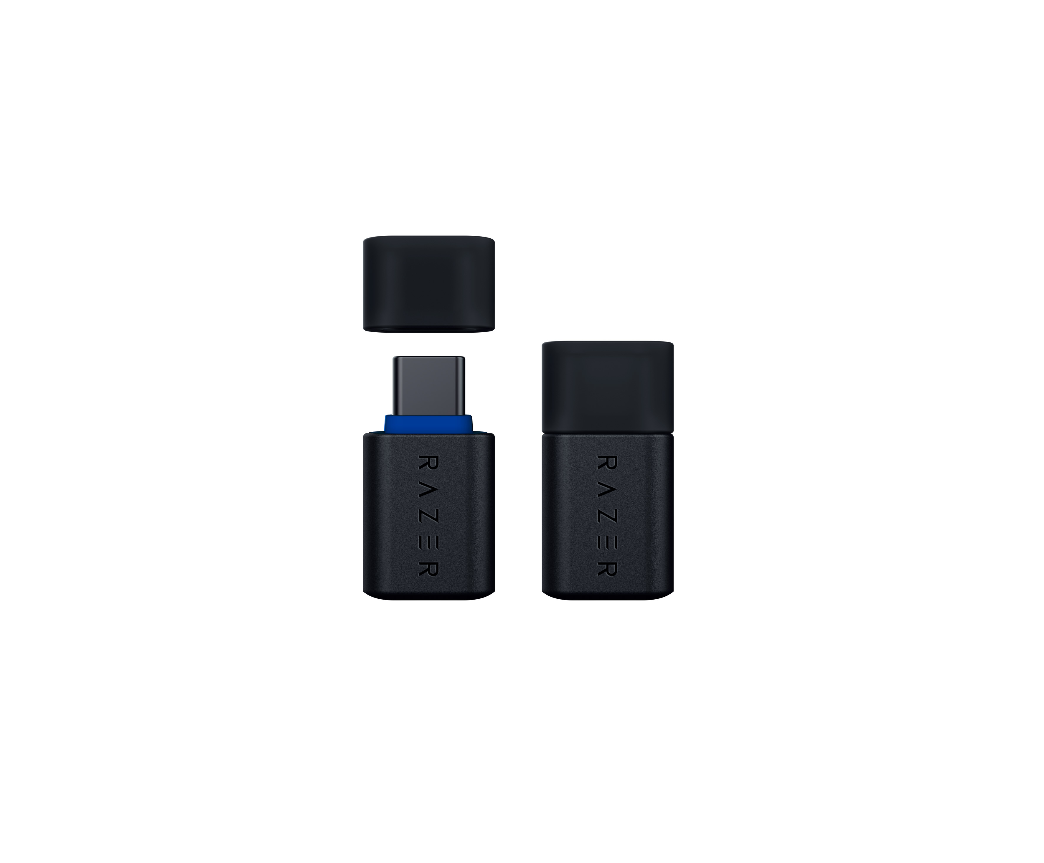 Görselde iki siyah Razer USB dongle'ı var. Biri sökülmüş, USB-C konektörünü ve mavi halkayı gösteriyor.