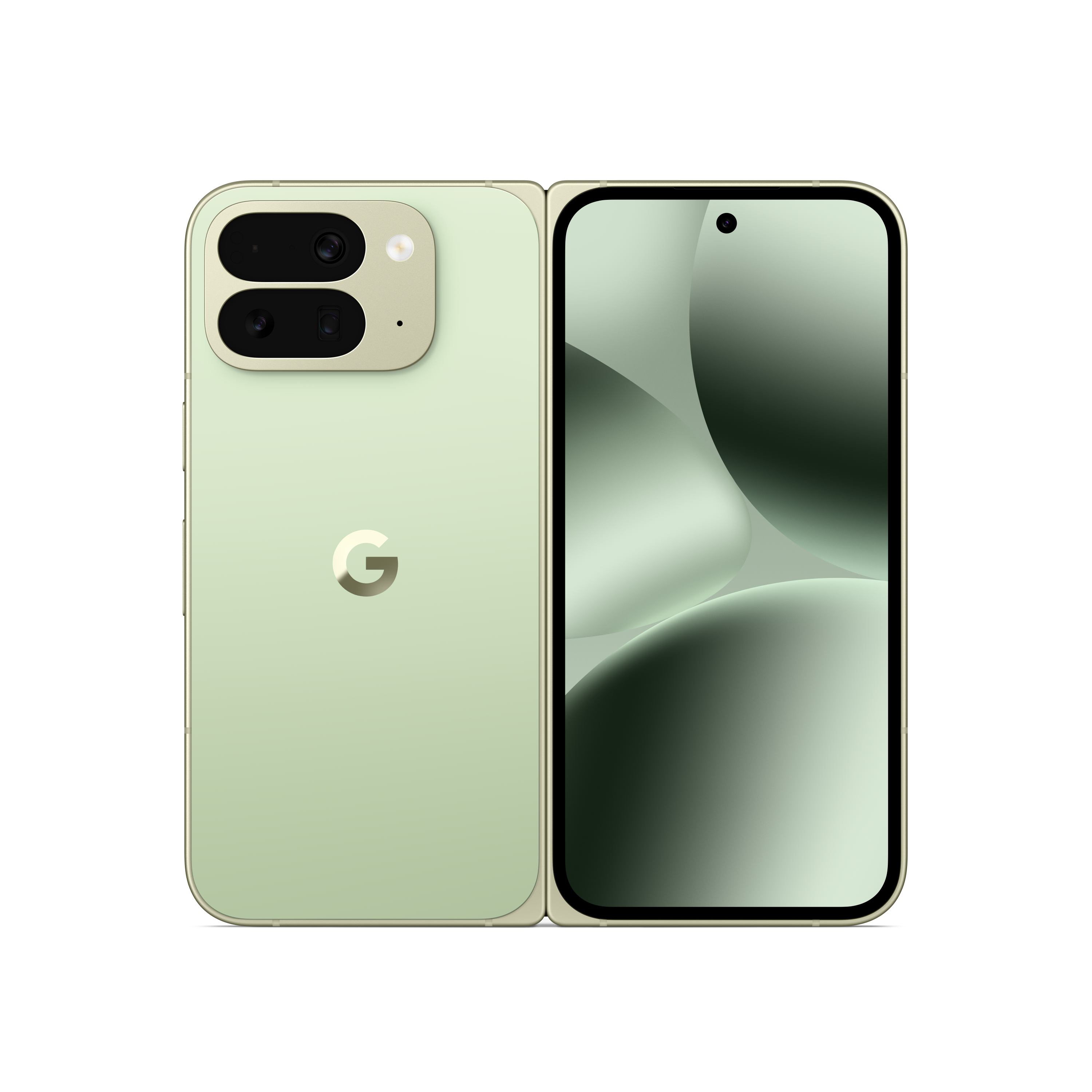 Ein hellgrünes, faltbares Smartphone wird angezeigt. Das Google-Logo befindet sich auf der Rückseite. Der Bildschirm ist an.