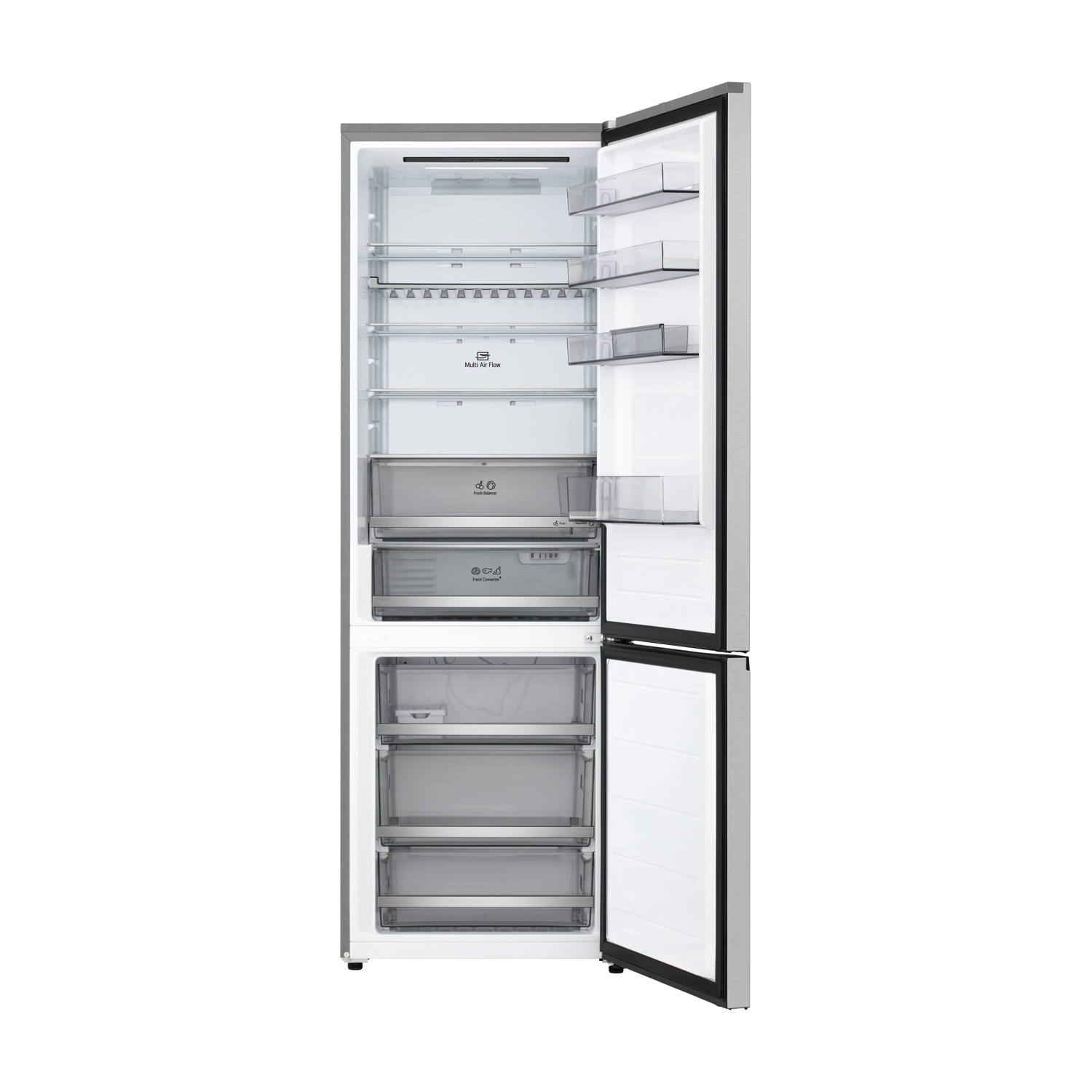 Un frigorifero in acciaio inossidabile con la porta aperta. All'interno ci sono ripiani, cassetti e un'etichetta 'Multi Air Flow'. La porta è aperta a destra.