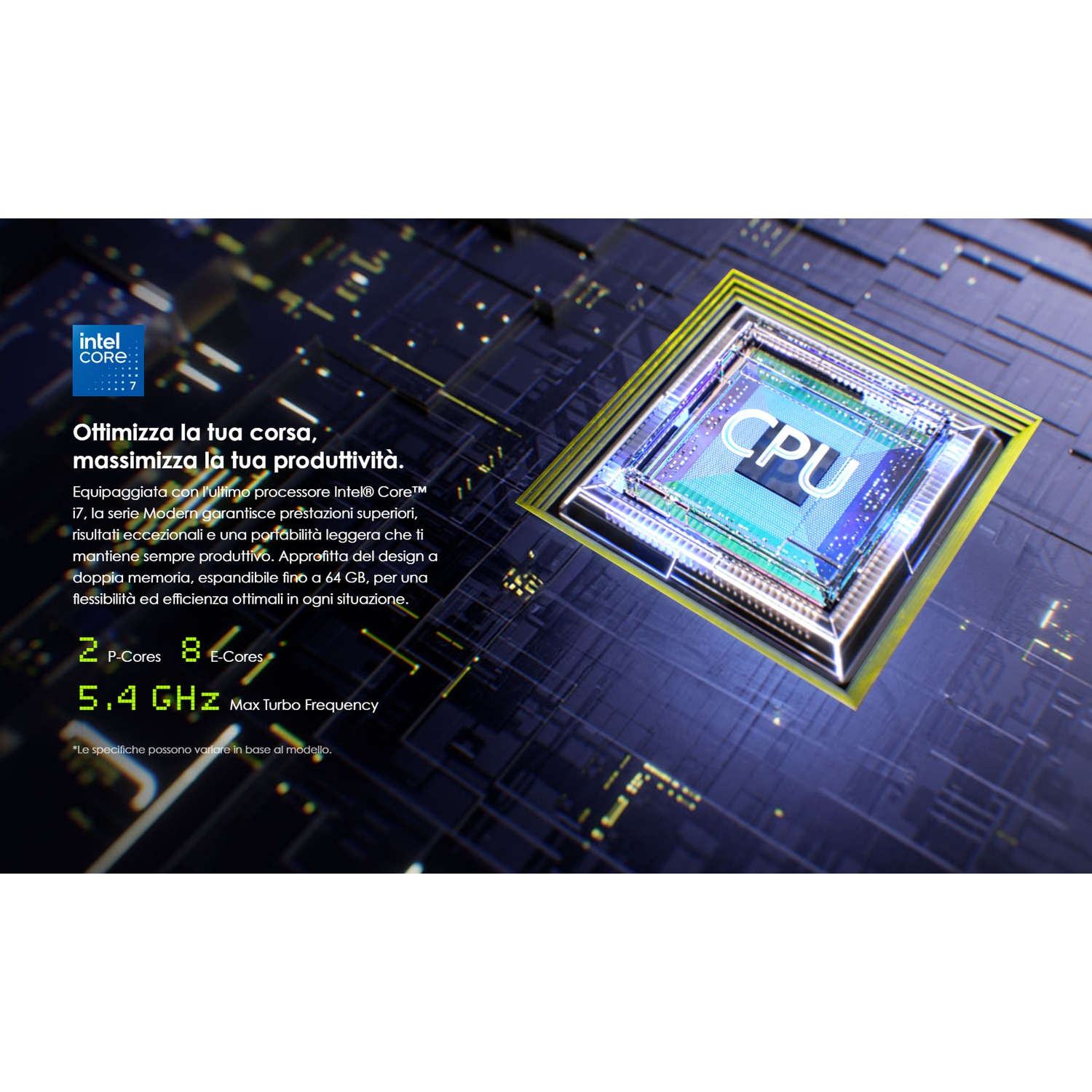 Un grafico della CPU con il logo Intel. Testo: 'Ottimizza la tua corsa, massimizza la tua produttività.' Specifiche: 2 P-Core, 8 E-Core.