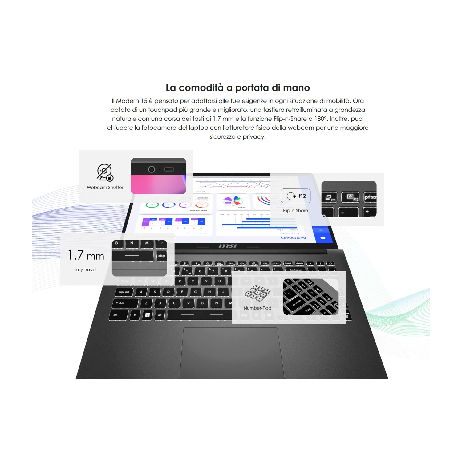 Laptop nero con tastiera illuminata, touchpad e otturatore webcam, che mostra una dashboard sullo schermo.