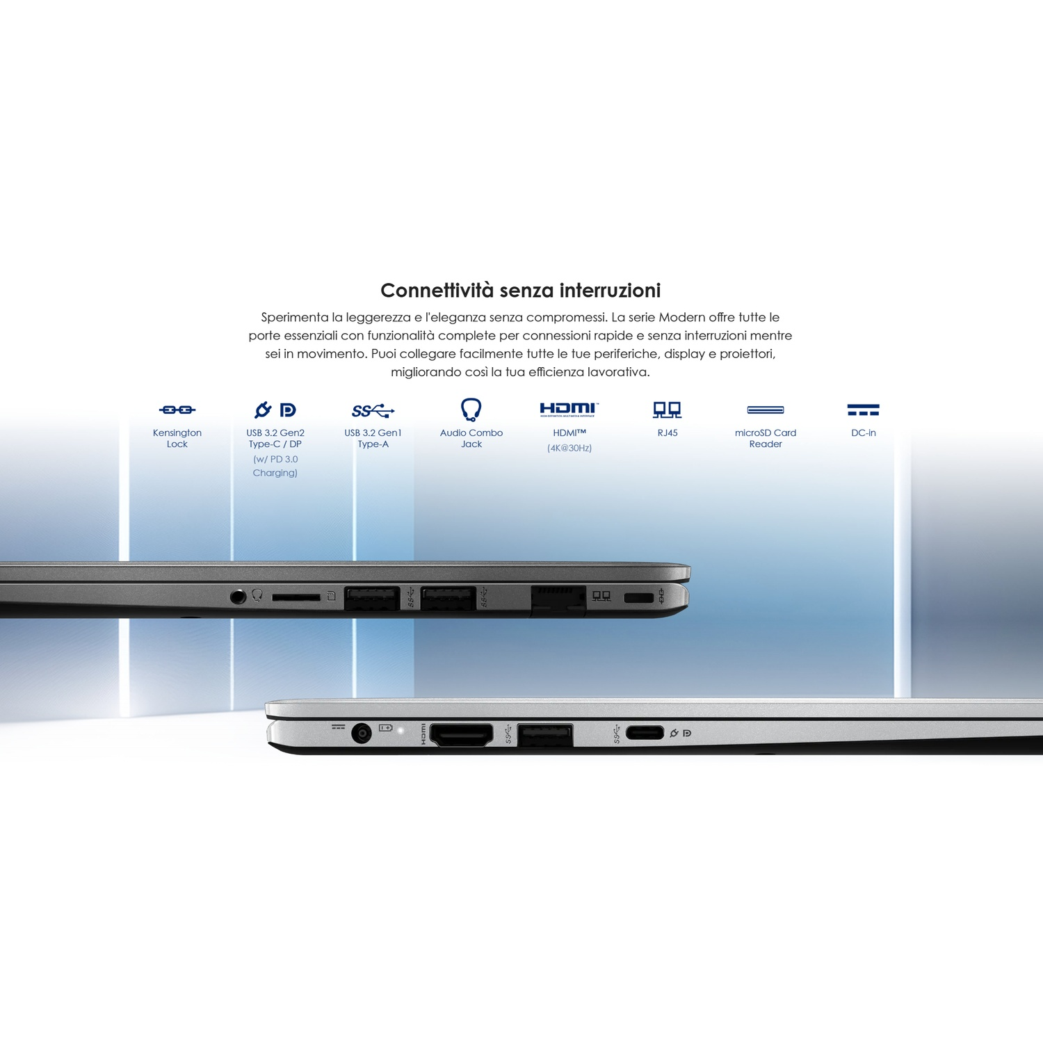 Sono mostrate le porte del laptop, tra cui USB, HDMI e jack audio. L'immagine evidenzia varie opzioni di connettività.