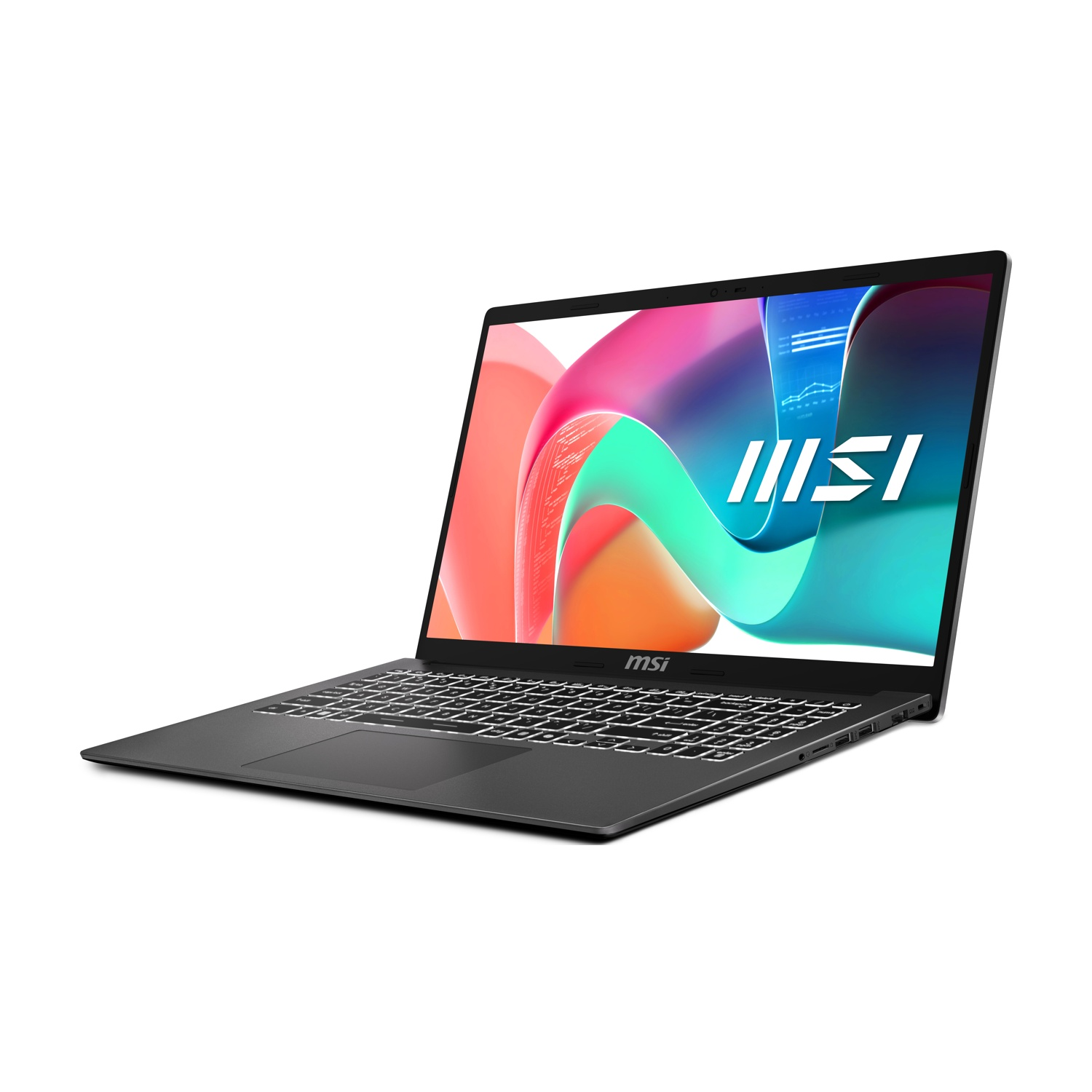 Un laptop MSI grigio scuro è aperto, mostrando un'immagine astratta colorata. La tastiera è visibile e lo schermo mostra il logo MSI.